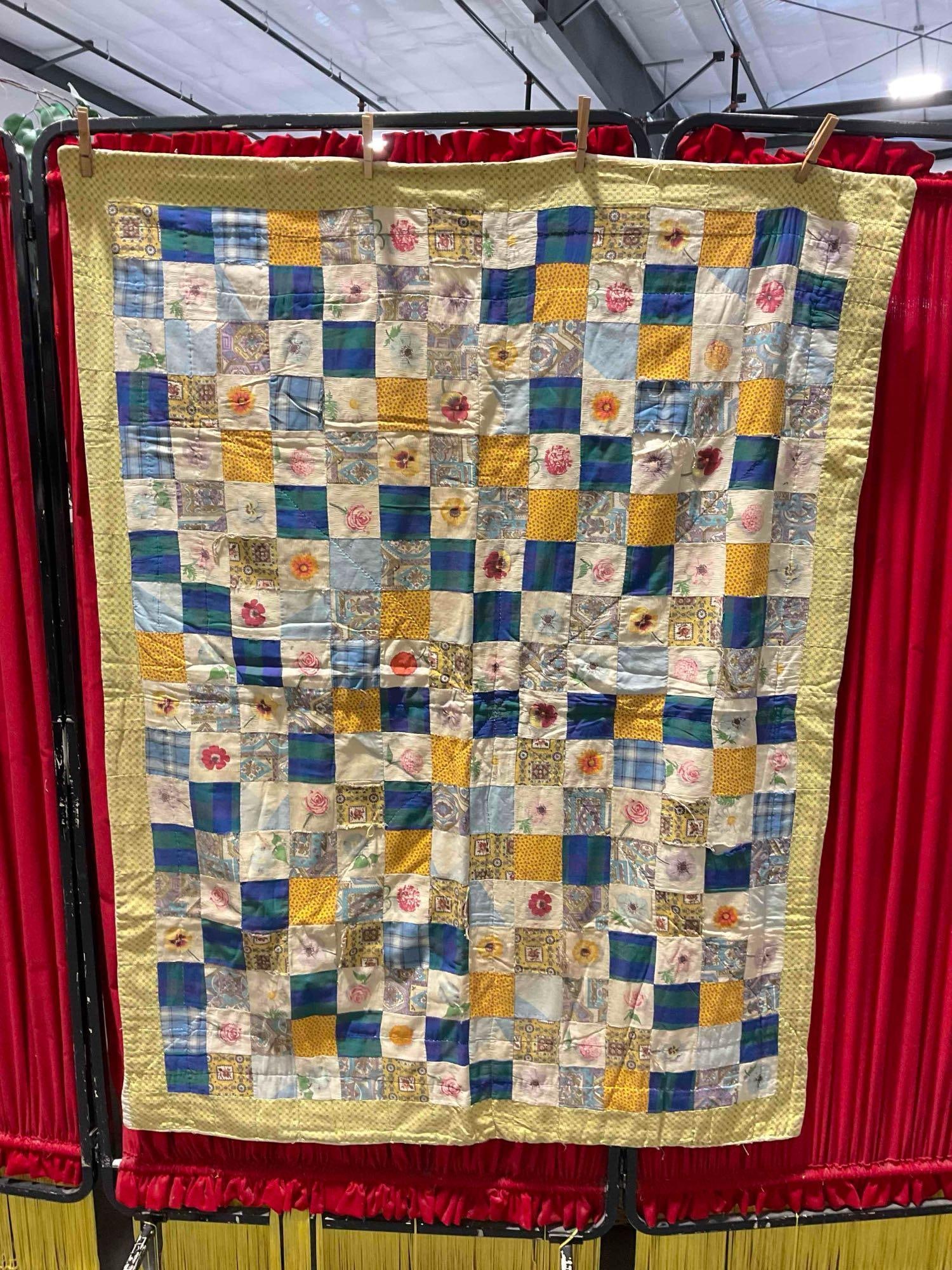 Vintage Yellow & Blue Hand Quilted Patchwork Blanket Bedspread. Measures 42" x 54" x 1" - 6