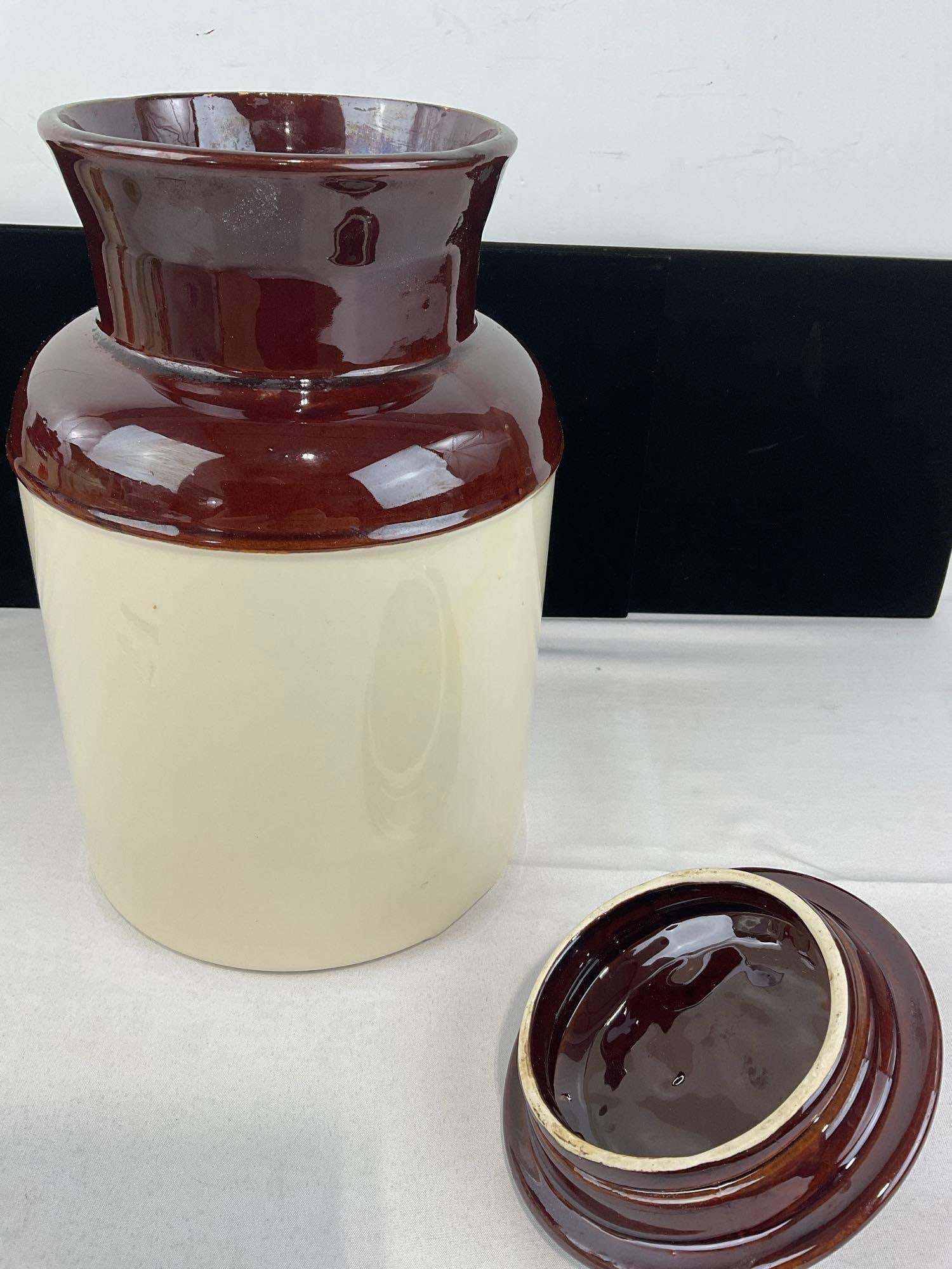 Vintage McCoy Kitchen Storage Crock w/lid, Brown & White #254, 13 inches tall - 4