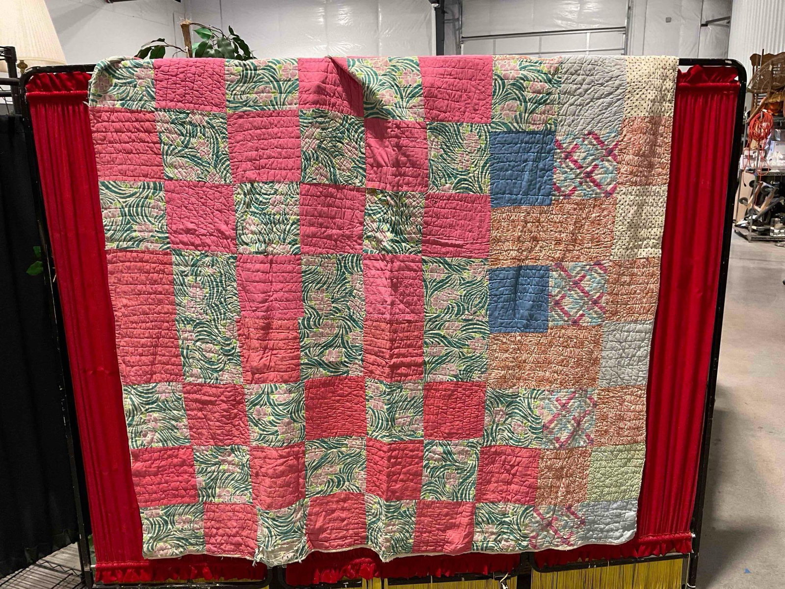 Vintage Hand Quilted Pink & Green Checkerboard Patchwork Bedspread Blanket. See pics.: Vintage Hand Quilted Pink & Green Checkerboard Patchwork Bedspread Blanket. Piece has wear indicative of age and use, some stains and tears, look to photos for condition. Measures 64" x 74" x 1"