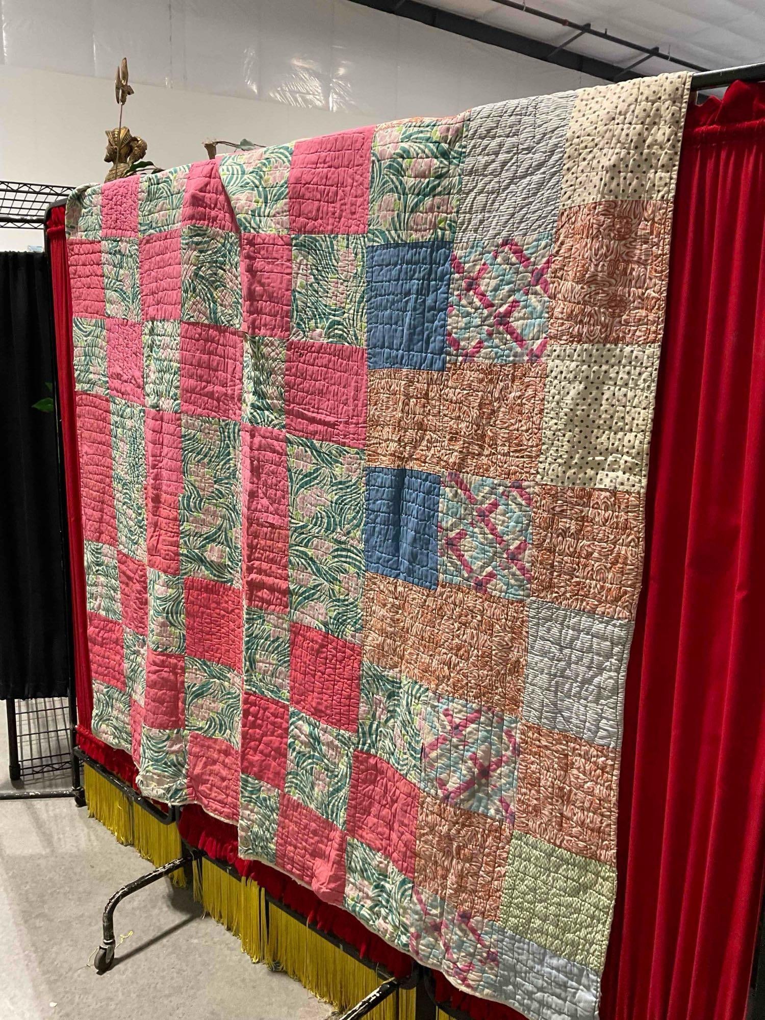 Vintage Hand Quilted Pink & Green Checkerboard Patchwork Bedspread Blanket. See pics. - 2