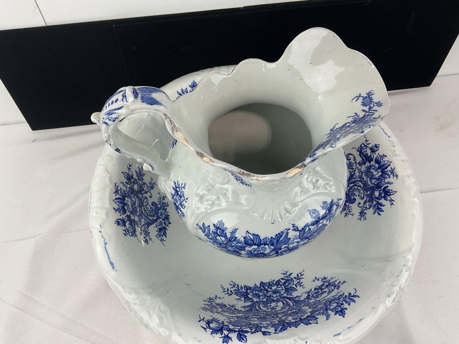 Antique Blue & White English Ironstone Dudson, Wilcox & Till LTD Pitcher & Basin - 2