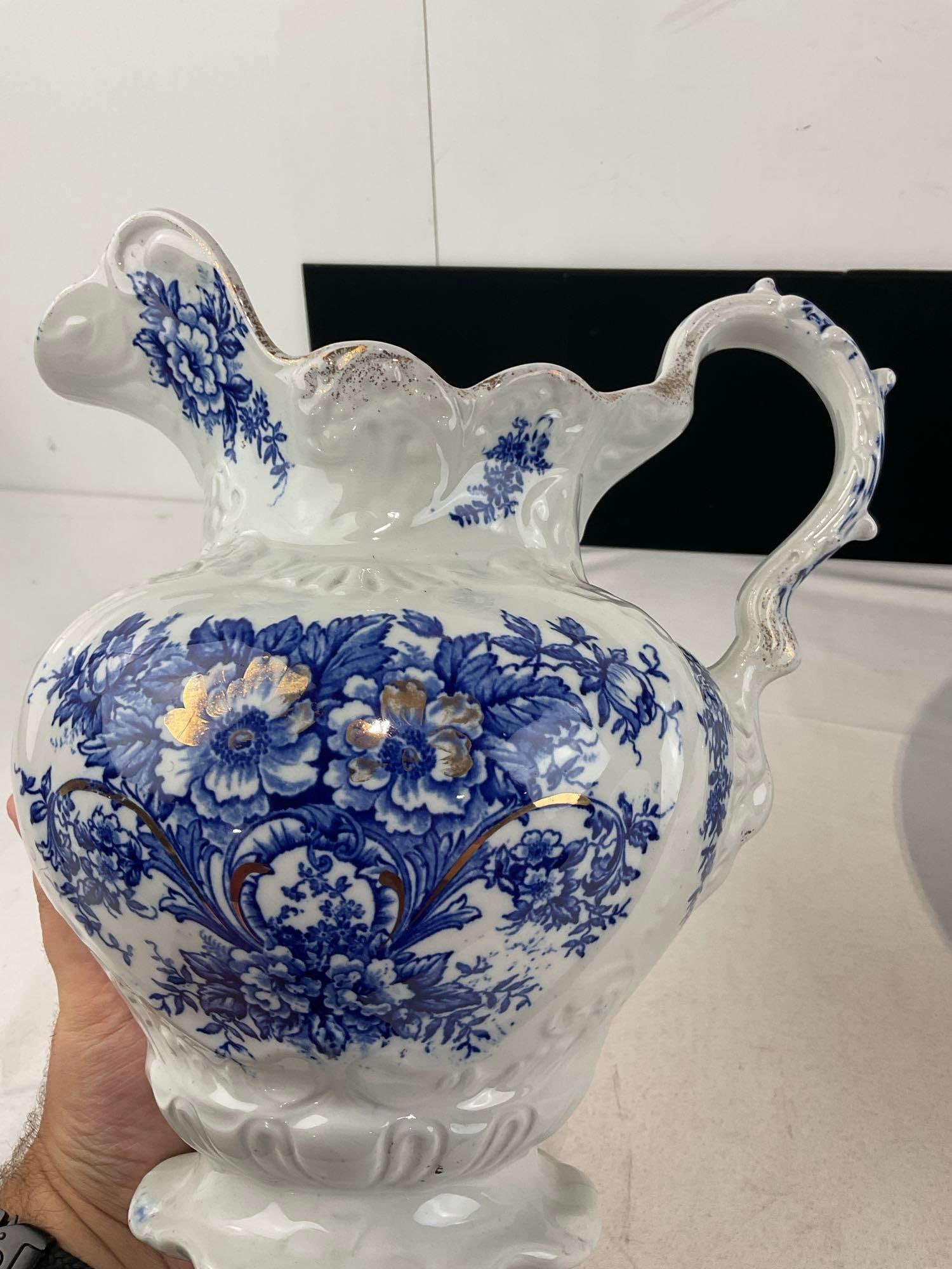 Antique Blue & White English Ironstone Dudson, Wilcox & Till LTD Pitcher & Basin - 6