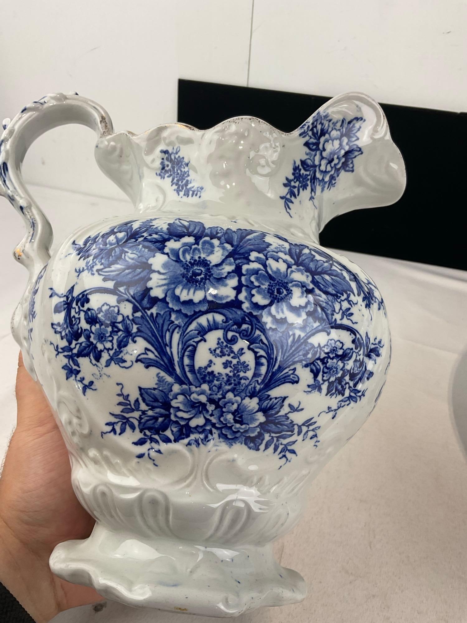 Antique Blue & White English Ironstone Dudson, Wilcox & Till LTD Pitcher & Basin - 7