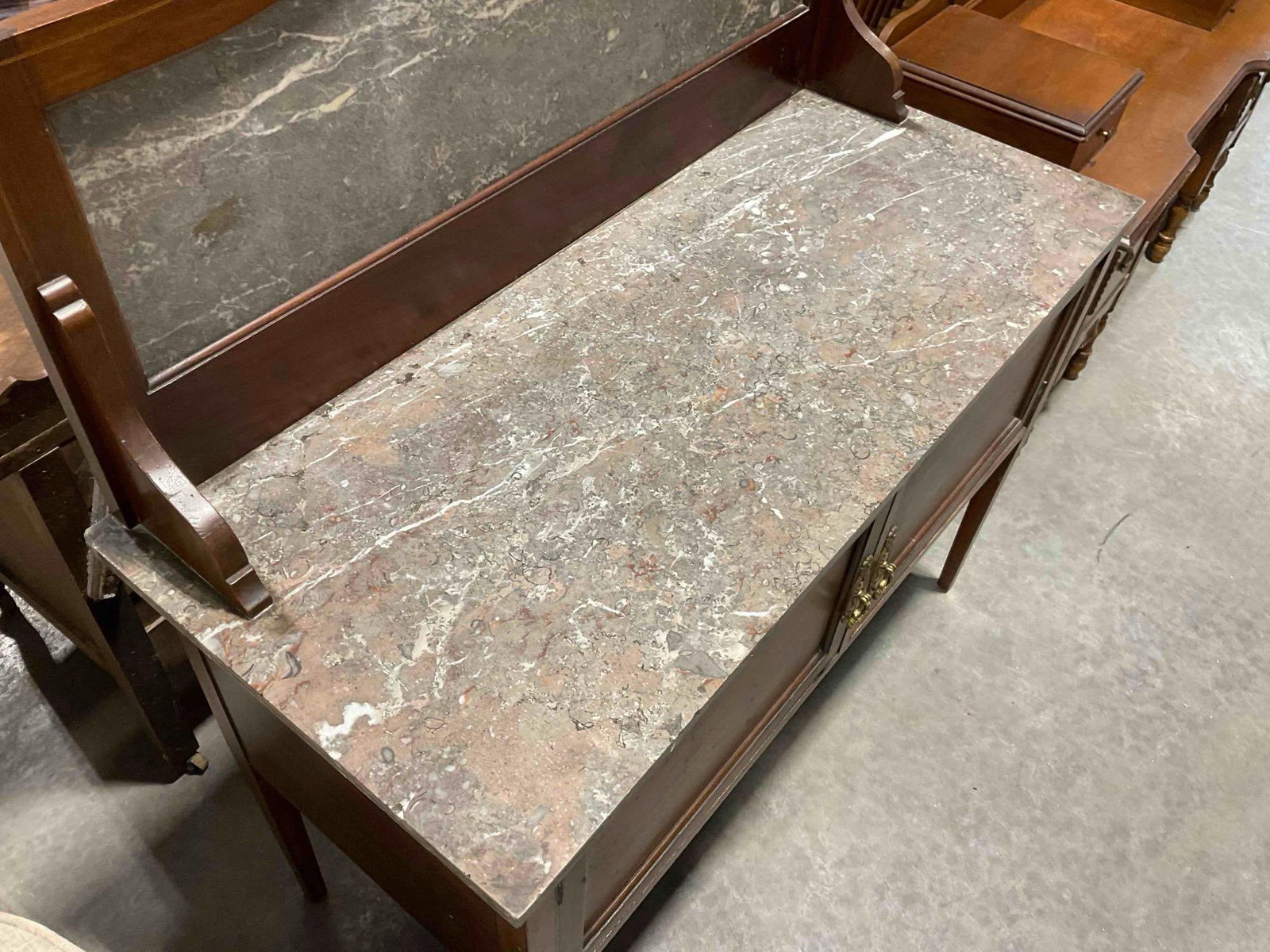 Antique Handsome Mahogany? Wood Wash Stand w/ Gray Marble Stone Counter & Backsplash. - 2