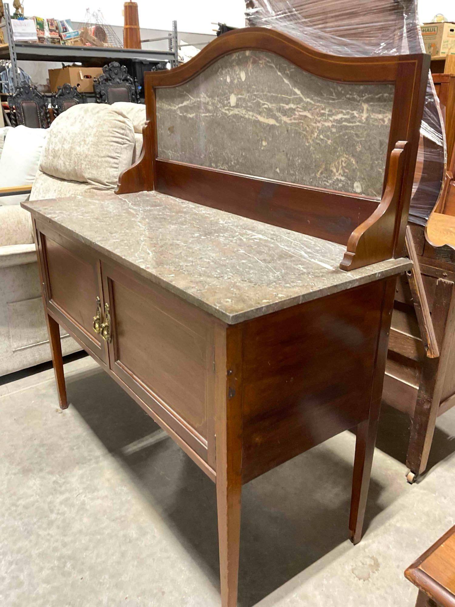 Antique Handsome Mahogany? Wood Wash Stand w/ Gray Marble Stone Counter & Backsplash. - 6