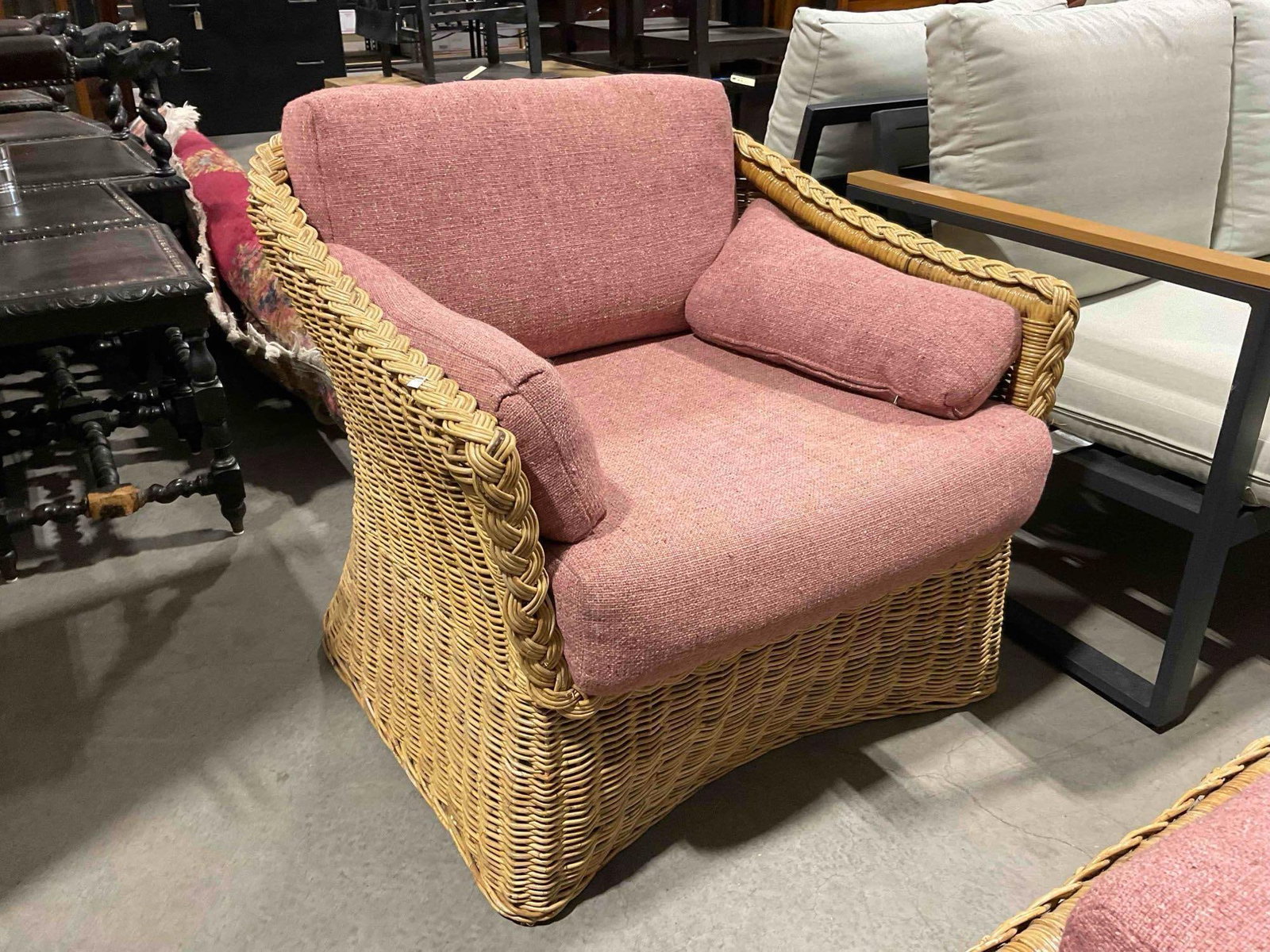 Vintage Wicker Armchair & Ottoman w/ Heathered Pink Cushions. See pics. - 5