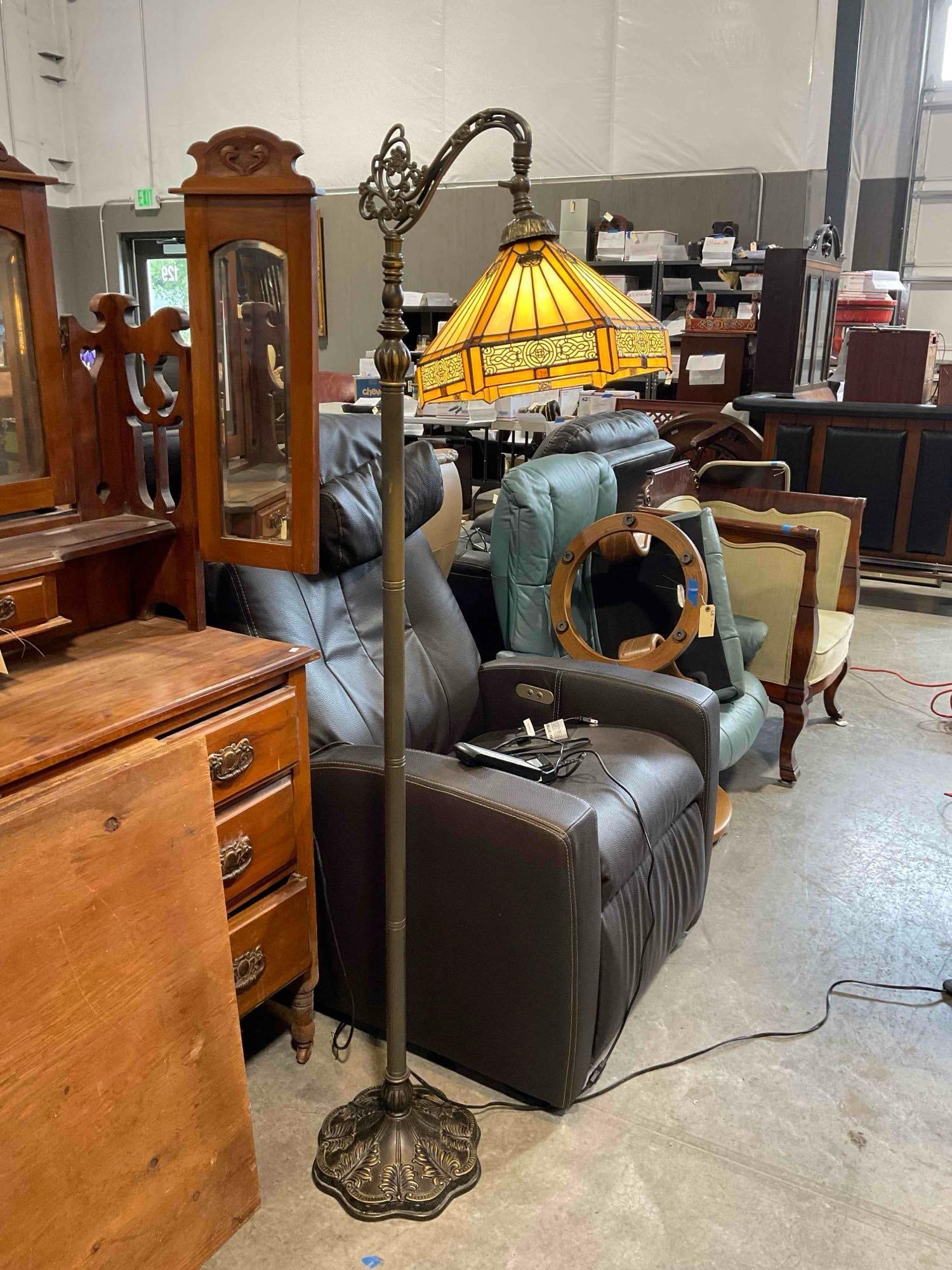 Modern Brass Toned Floor Lamp w/ Tiffany Style Iridescent Yellow Glass Shade. Tested, Works.: Modern Brass Toned Floor Lamp w/ Tiffany Style Iridescent Yellow Glass Shade. Tested, Works. Shade is a little loose on head, could be fixed, minor scuffs indicative of age and use, see photos for