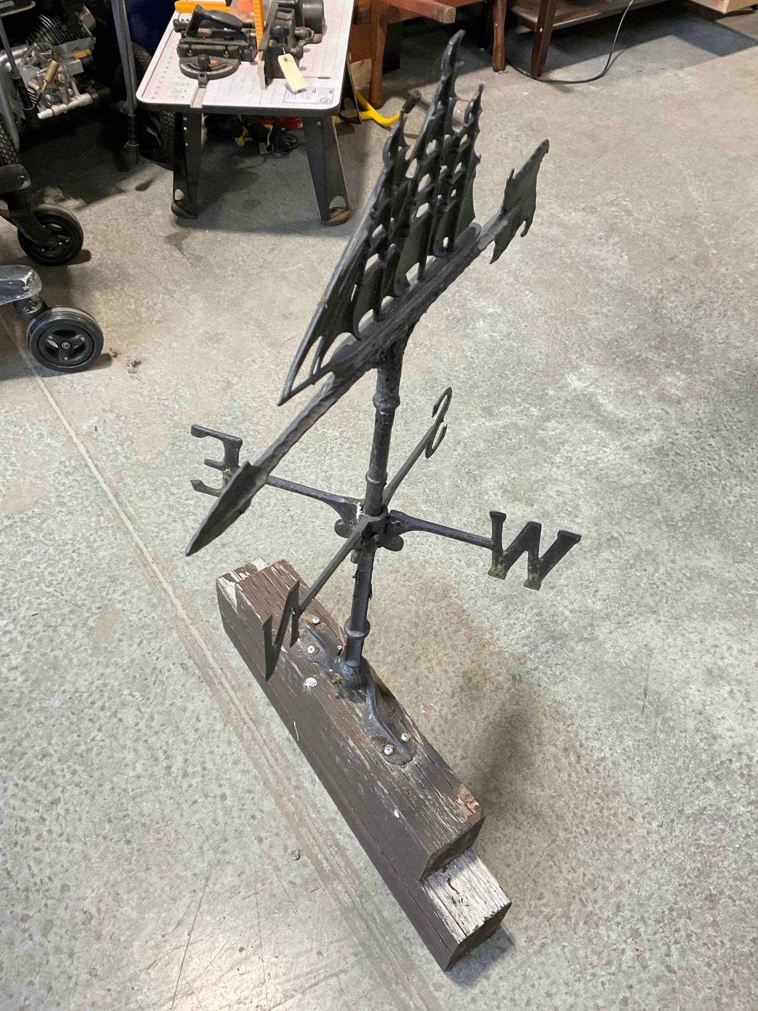 Aluminum w/ Black Finish Clipper Ship Weather Vane on Wooden Stand. See pics. - 2