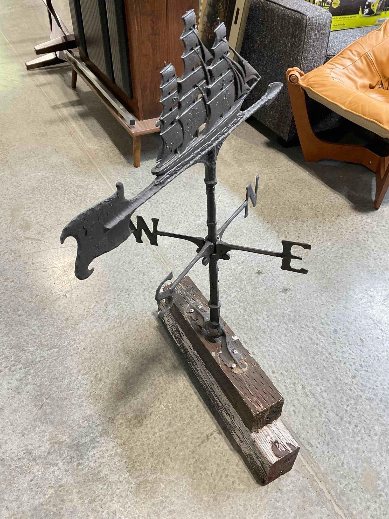 Aluminum w/ Black Finish Clipper Ship Weather Vane on Wooden Stand. See pics. - 3