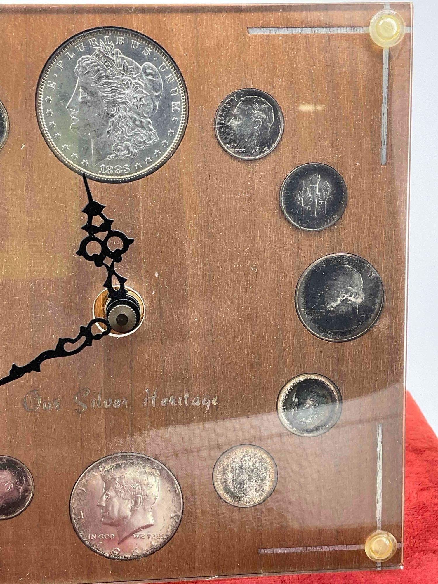 Vintage "Our Silver Heritage" Desk Clock w/ 12 Unc Silver Coins, incl. Antique 1882 Morgan Dollar. - 2