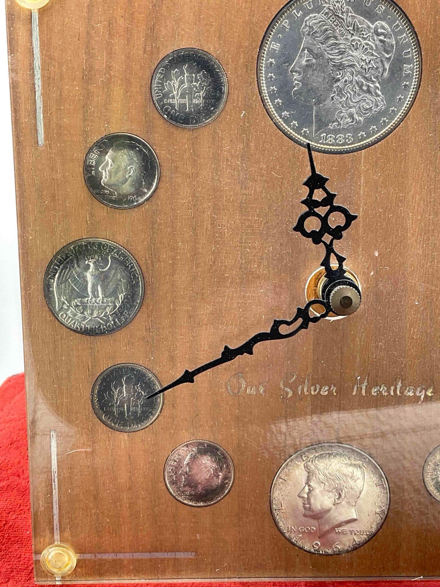 Vintage "Our Silver Heritage" Desk Clock w/ 12 Unc Silver Coins, incl. Antique 1882 Morgan Dollar. - 3