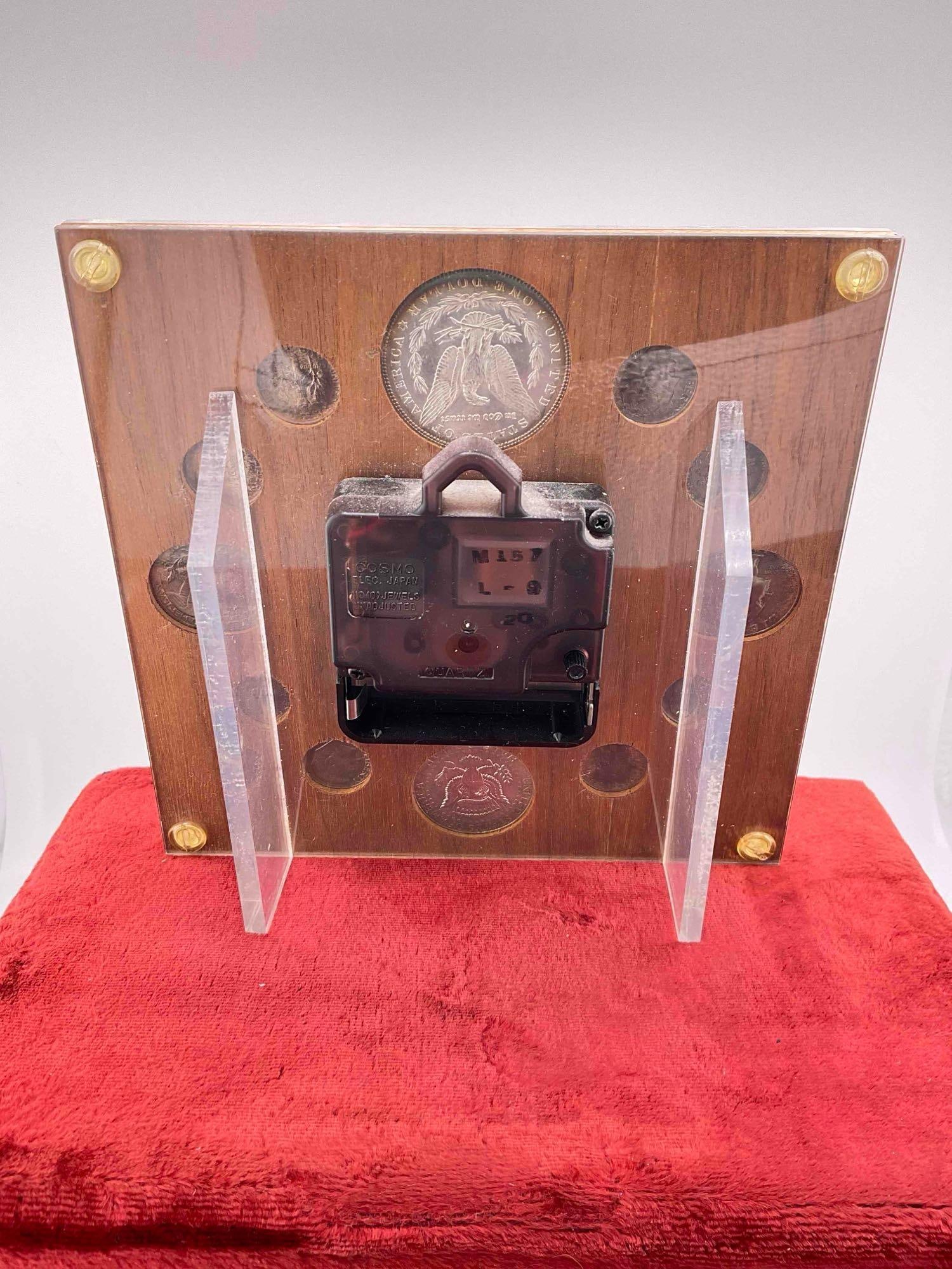 Vintage "Our Silver Heritage" Desk Clock w/ 12 Unc Silver Coins, incl. Antique 1882 Morgan Dollar. - 4