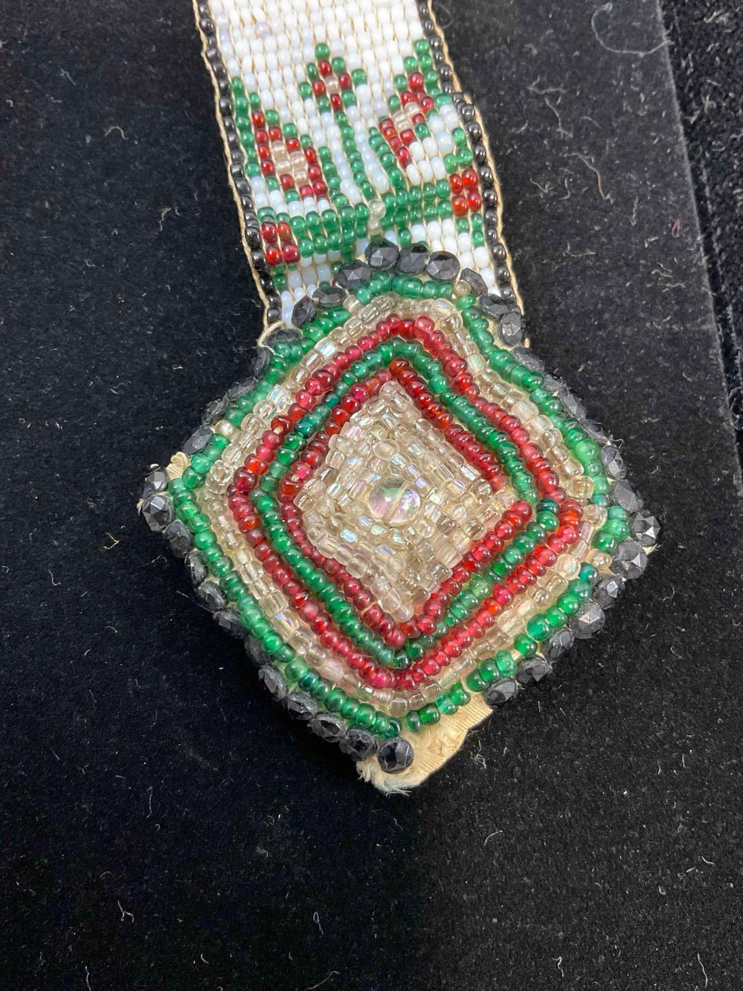 Antique 1920s Loom Beaded Ladies Belt w/ Venetian Glass Beads on Ribbon Backing. - 2