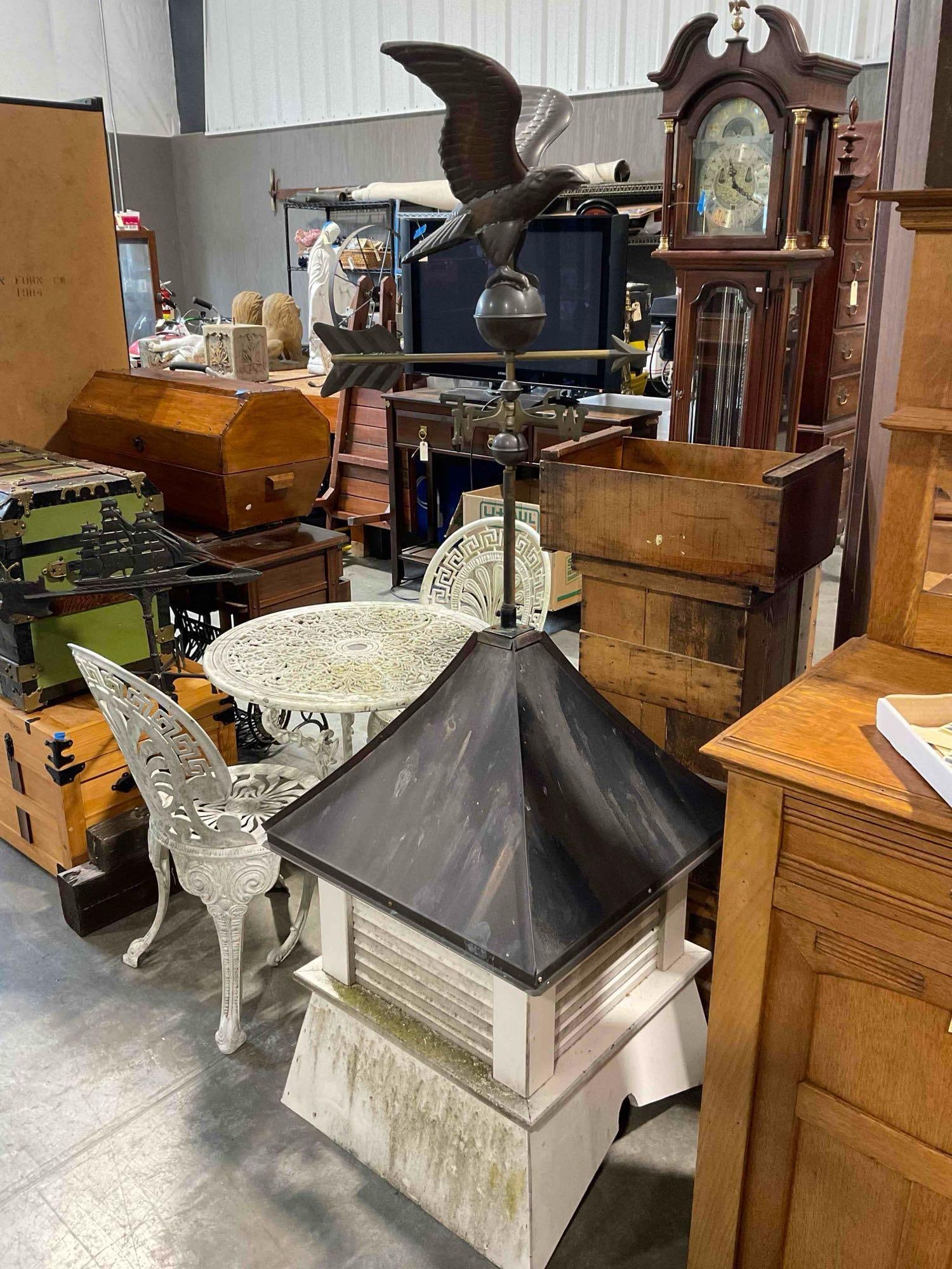 Accentua White Vinyl & Black Aluminum Ozark Cupola w/ Brass Toned Eagle Weather Vane.: Accentua White Vinyl & Black Aluminum Ozark Cupola w/ Brass Toned Eagle Weather Vane. Piece has been stored outside and has moss growth, dirt and wear as a result, see photos for condition. Measur