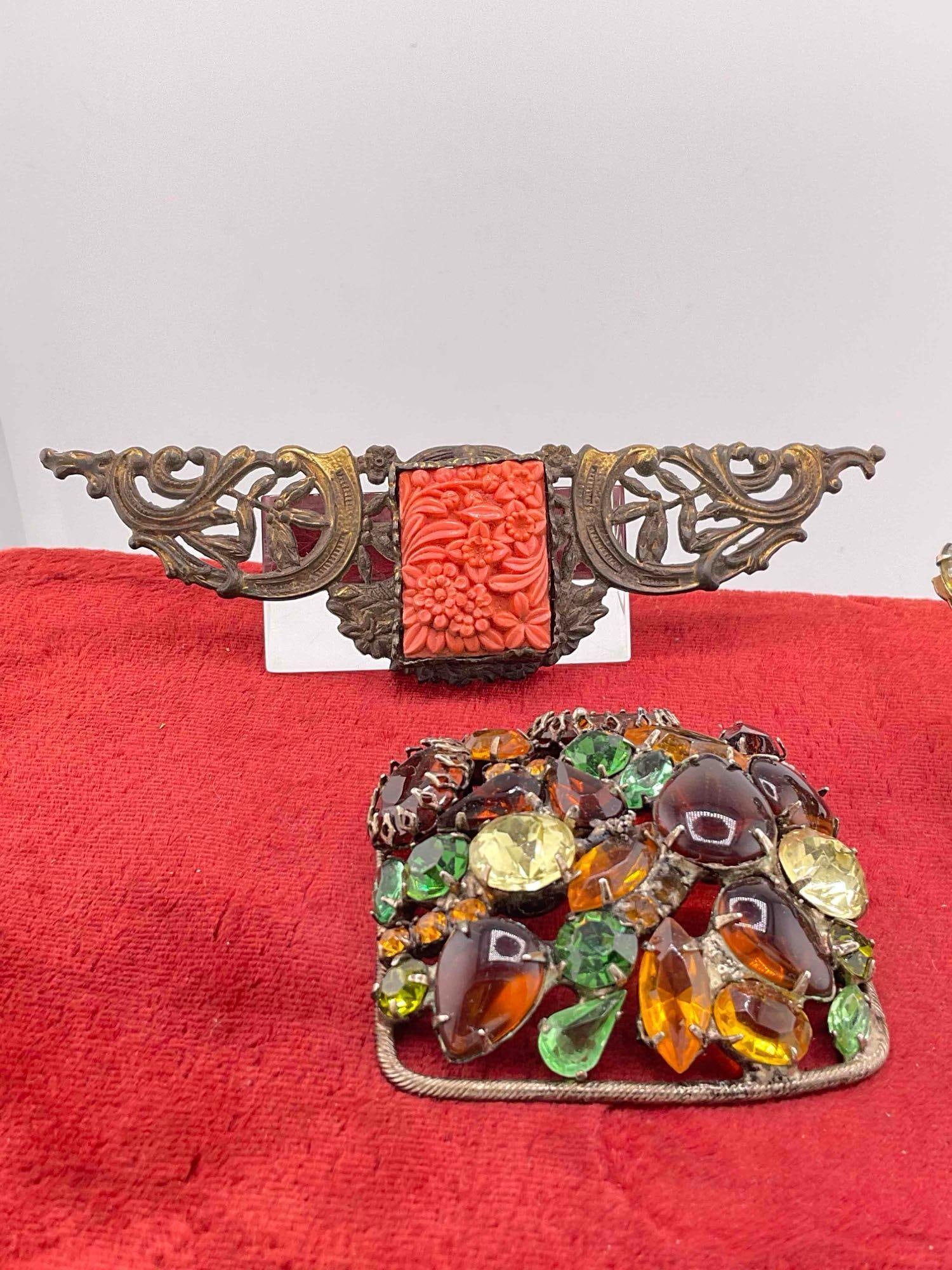 3 pcs Vintage Ladies' Rhinestone Brooch Pin Collection, incl. 1x Resin Cabochon. See pics. - 4