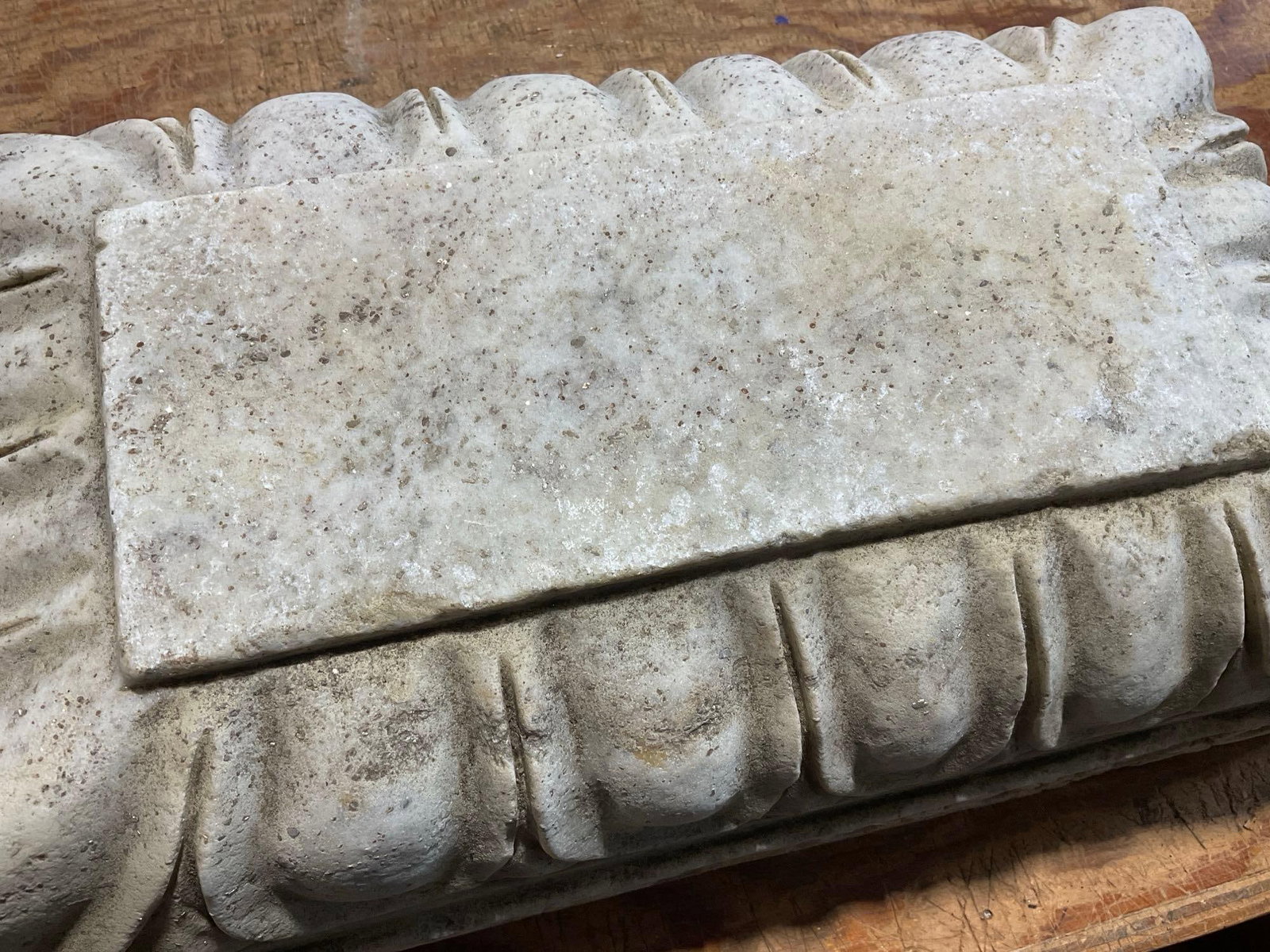 Carved Stone Architectural Pillar Base, Rectangular, Ruffled Top Edge, Scrollwork below, 7x18x11 in - 2