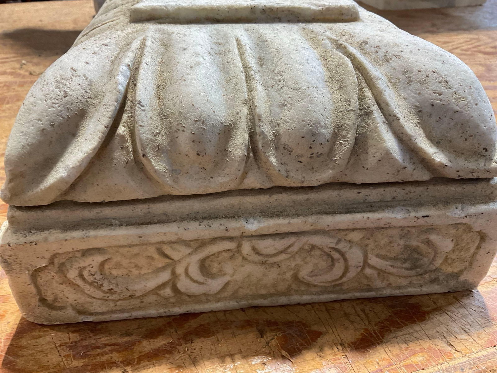 Carved Stone Architectural Pillar Base, Rectangular, Ruffled Top Edge, Scrollwork below, 7x18x11 in - 3