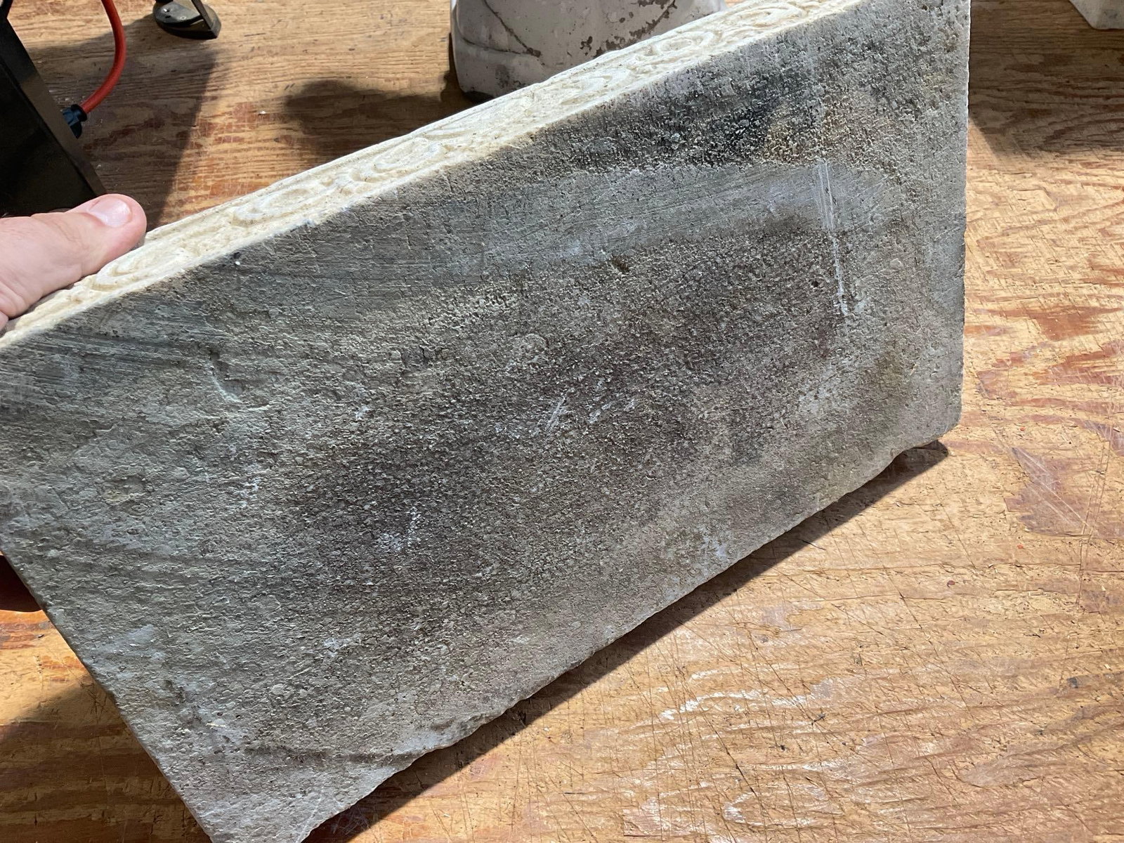 Carved Stone Architectural Pillar Base, Rectangular, Ruffled Top Edge, Scrollwork below, 7x18x11 in - 4
