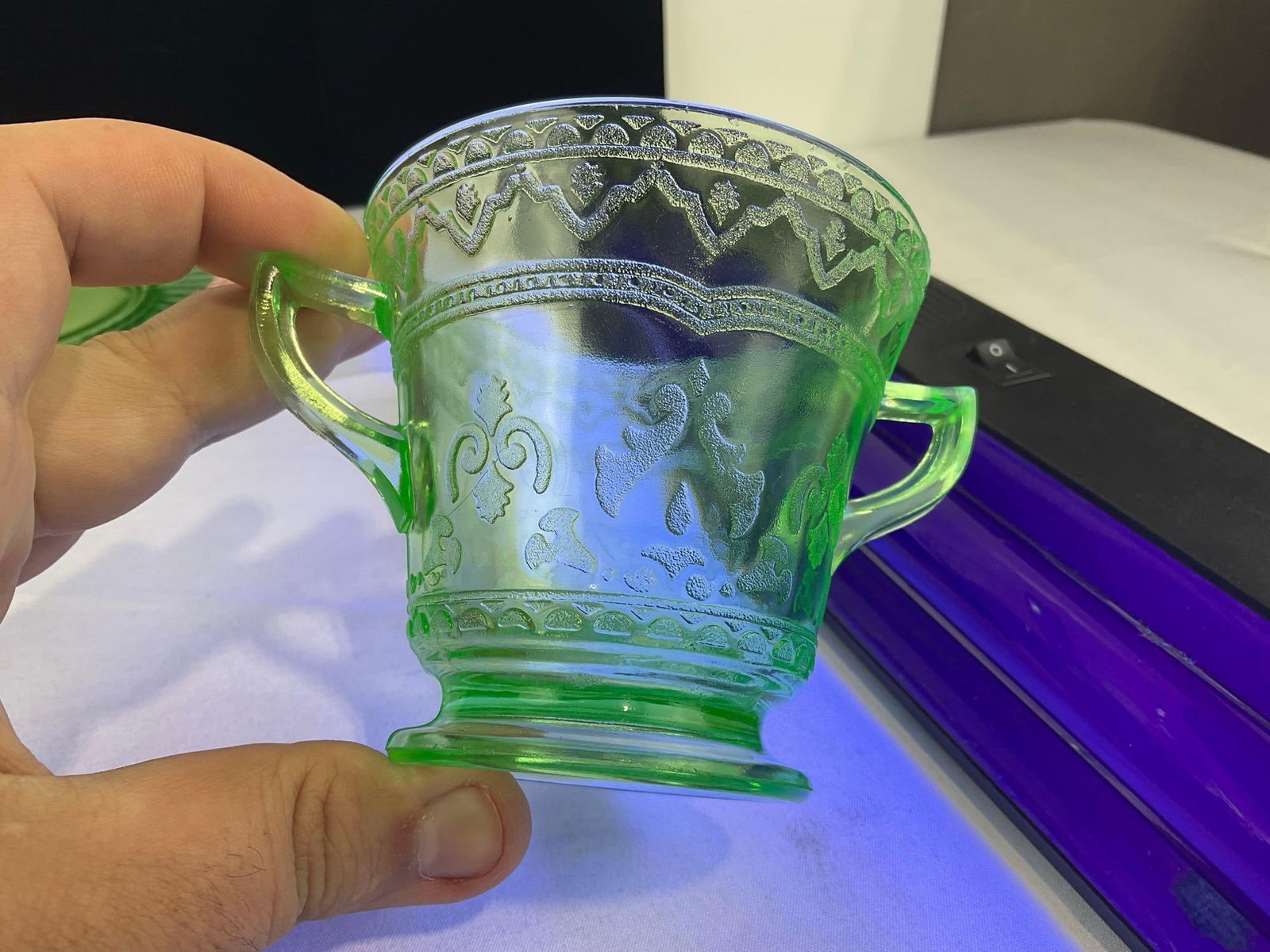 Vaseline Coaster, 2 Anchor Hocking Depr. Glass Plates, Federal 1930s Sugar Bowl, Jeannette Creamer - 4