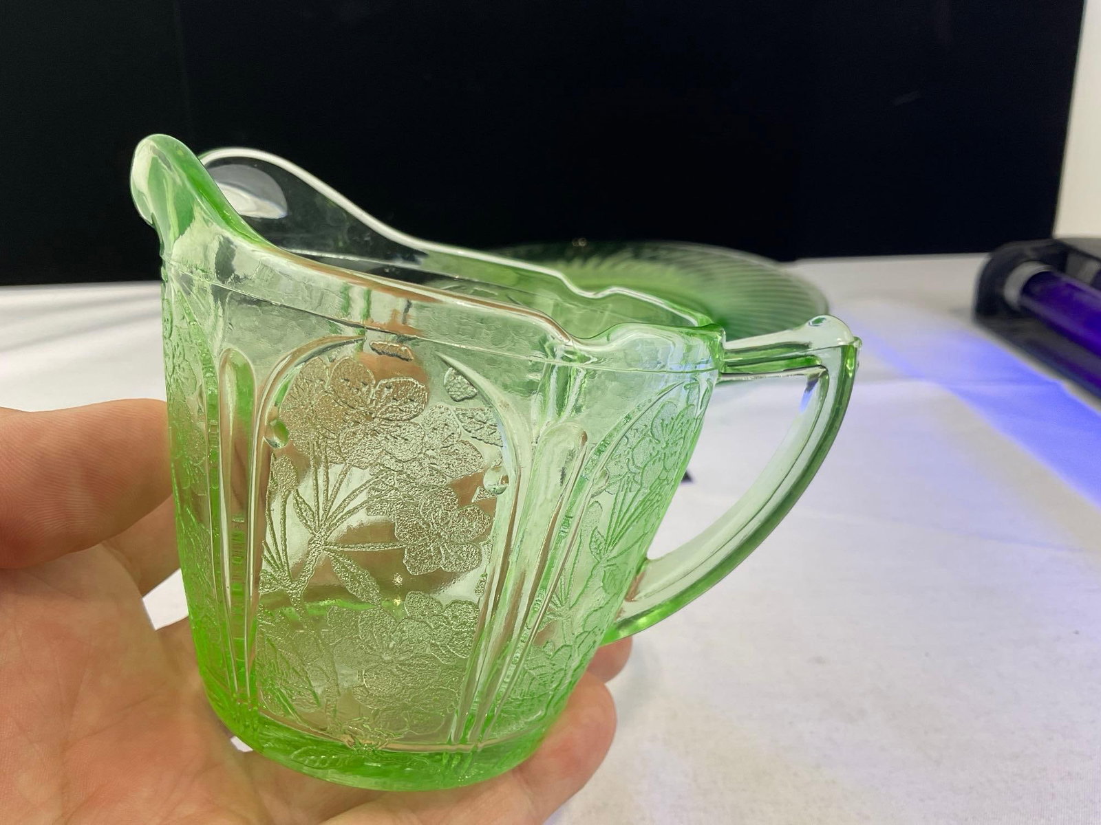 Vaseline Coaster, 2 Anchor Hocking Depr. Glass Plates, Federal 1930s Sugar Bowl, Jeannette Creamer - 5