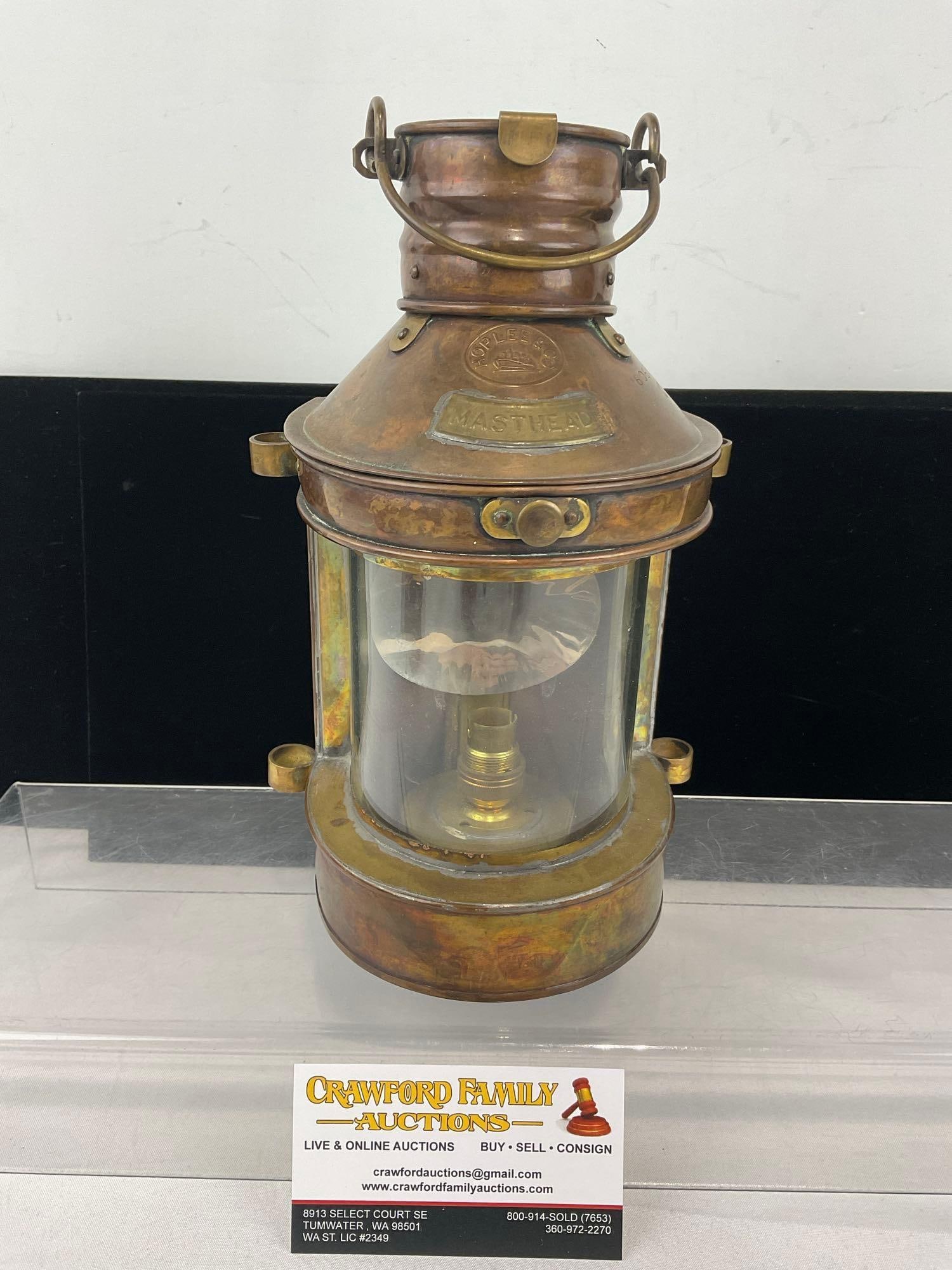 Hoplee & Co Ships Lantern, marked Masthead, Copper & Brass, 10 inches tall: Similar to the next piece. See pics for condition. Measures approx 10h x 7w x 5d inches. E-6420