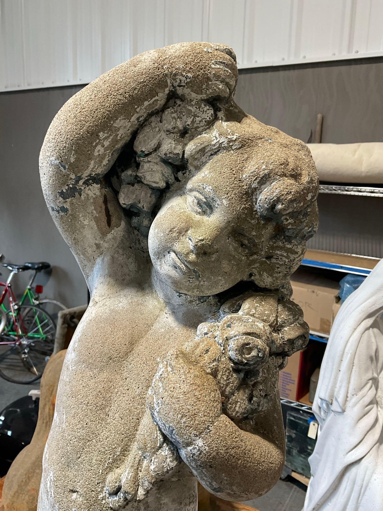 Concrete Cherub Statue on Cast Stone Plinth, approx 42 inches tall, quite heavy - 2