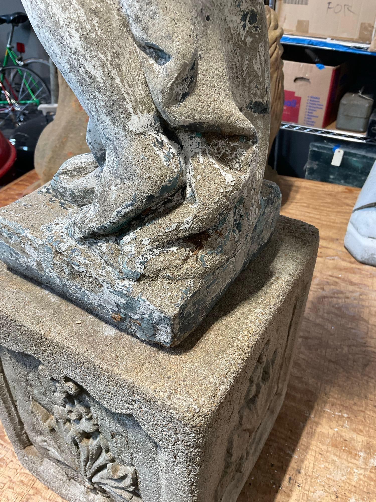 Concrete Cherub Statue on Cast Stone Plinth, approx 42 inches tall, quite heavy - 5