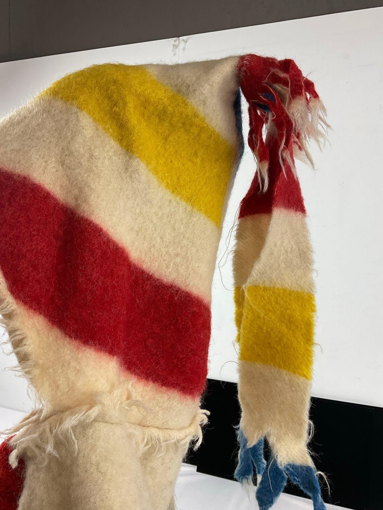 Wool Blanket Capote Coat w/hood & tassels, poss. Hudson Bay Vintage Blanket, Blue/Yellow/Red - 2