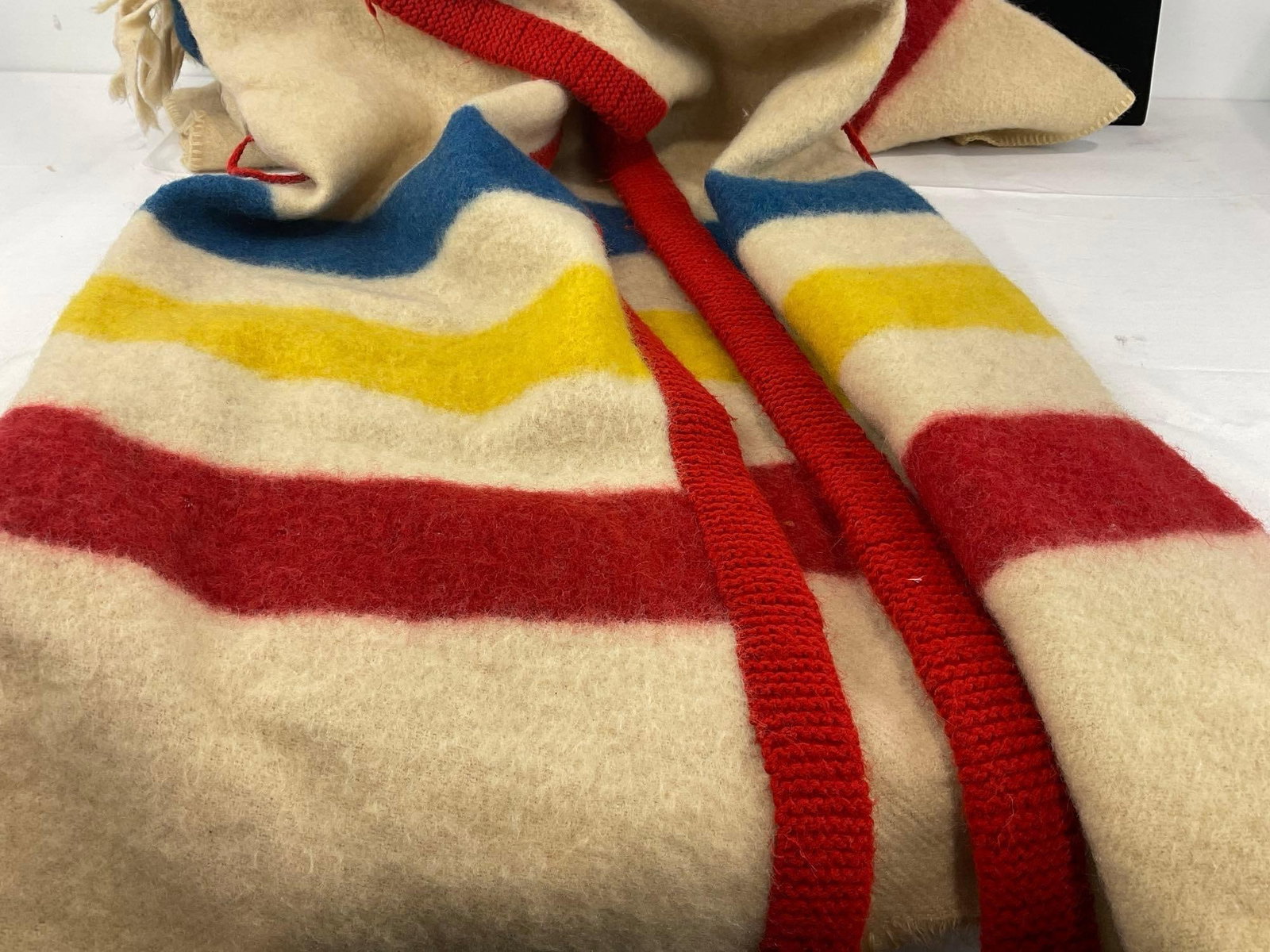 Wool Blanket Capote Coat w/hood & tassels, poss. Hudson Bay Vintage Blanket, Blue/Yellow/Red - 3
