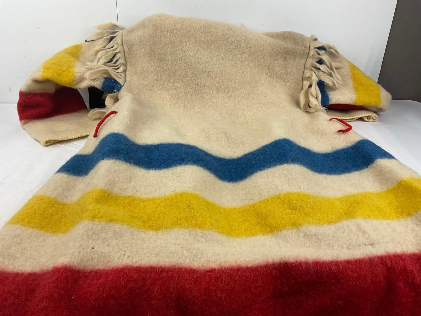 Wool Blanket Capote Coat w/hood & tassels, poss. Hudson Bay Vintage Blanket, Blue/Yellow/Red - 4