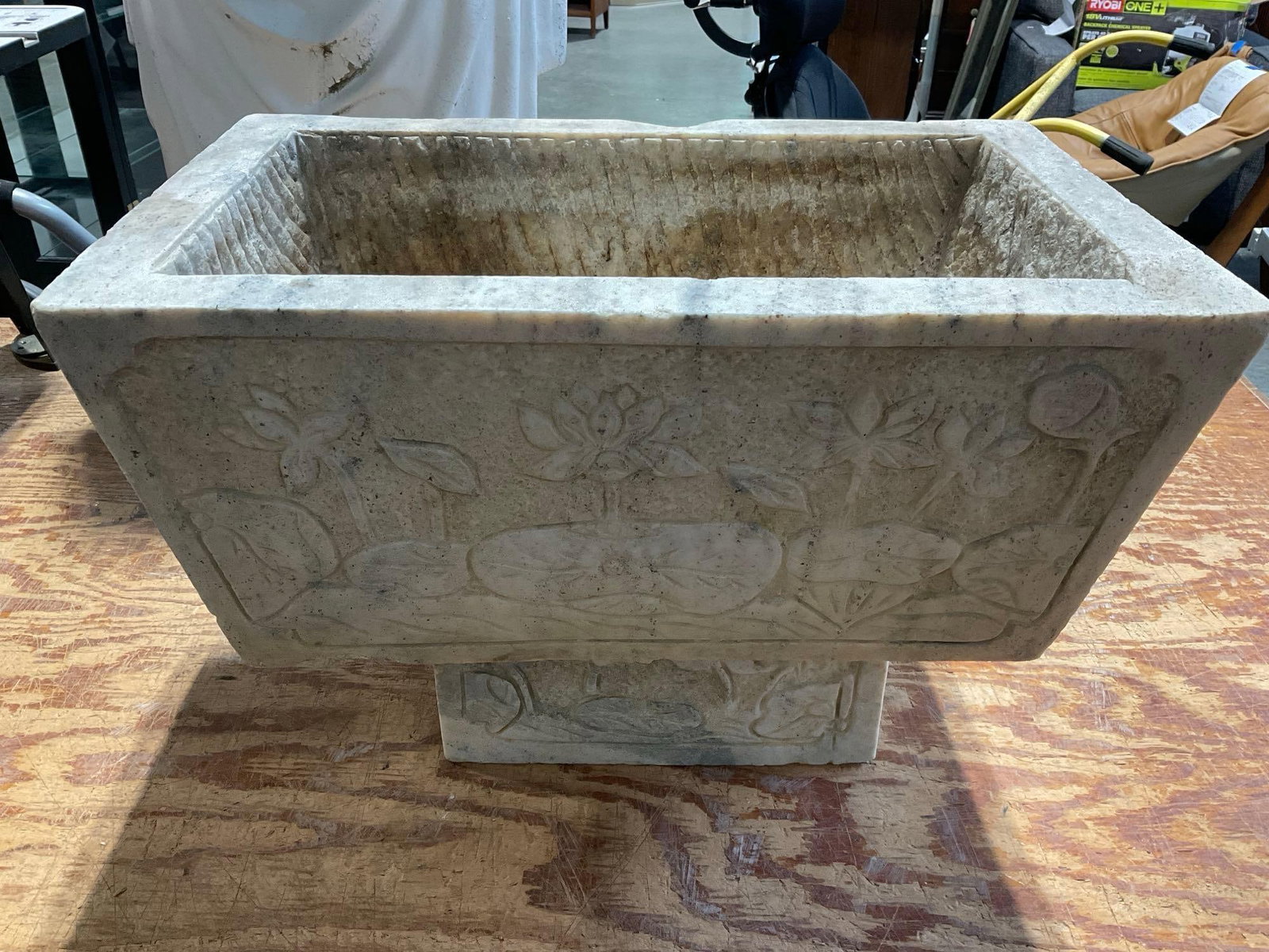 Carved Stone Basin/Planter w/Stand Block, Lotus Designs in Bas Relief, 15h x 20w x 13d inches: *No in-house shipping, due to size and weight* Quite heavy, likely 70-80 pounds together. Looks like a rough white granite or other stone. See pics for condition, some large chips and imperfectio