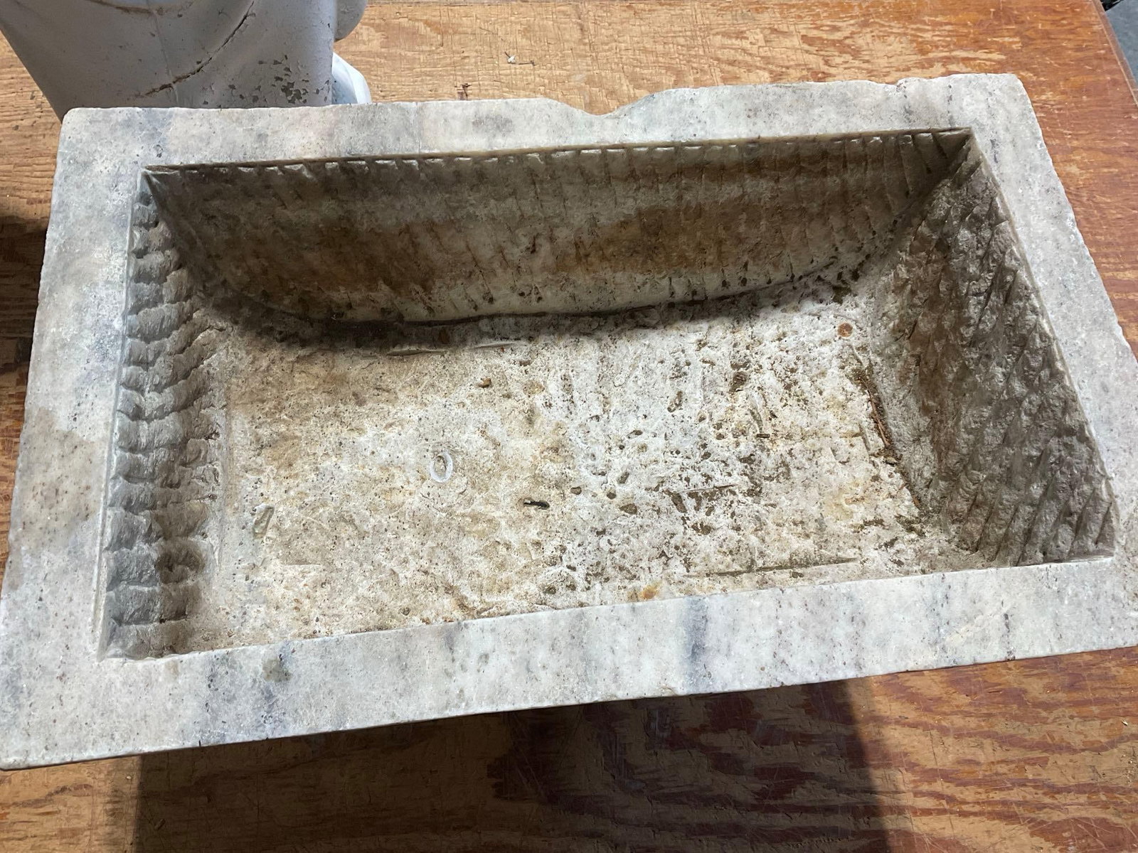 Carved Stone Basin/Planter w/Stand Block, Lotus Designs in Bas Relief, 15h x 20w x 13d inches - 2