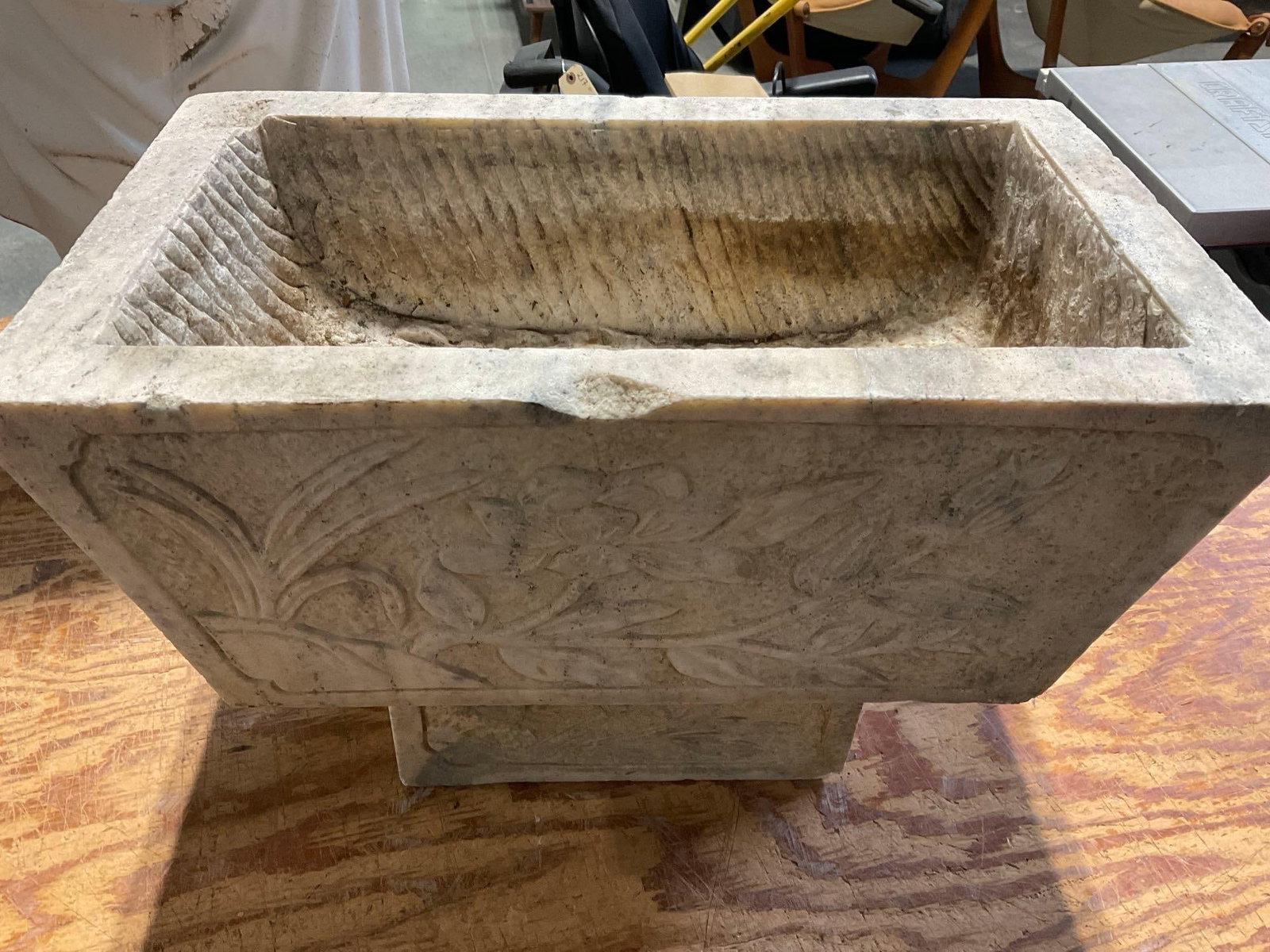 Carved Stone Basin/Planter w/Stand Block, Lotus Designs in Bas Relief, 15h x 20w x 13d inches - 3