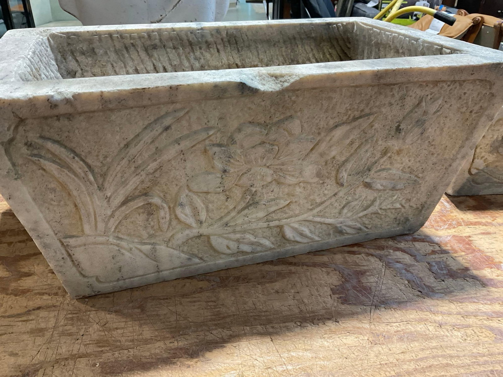 Carved Stone Basin/Planter w/Stand Block, Lotus Designs in Bas Relief, 15h x 20w x 13d inches - 4