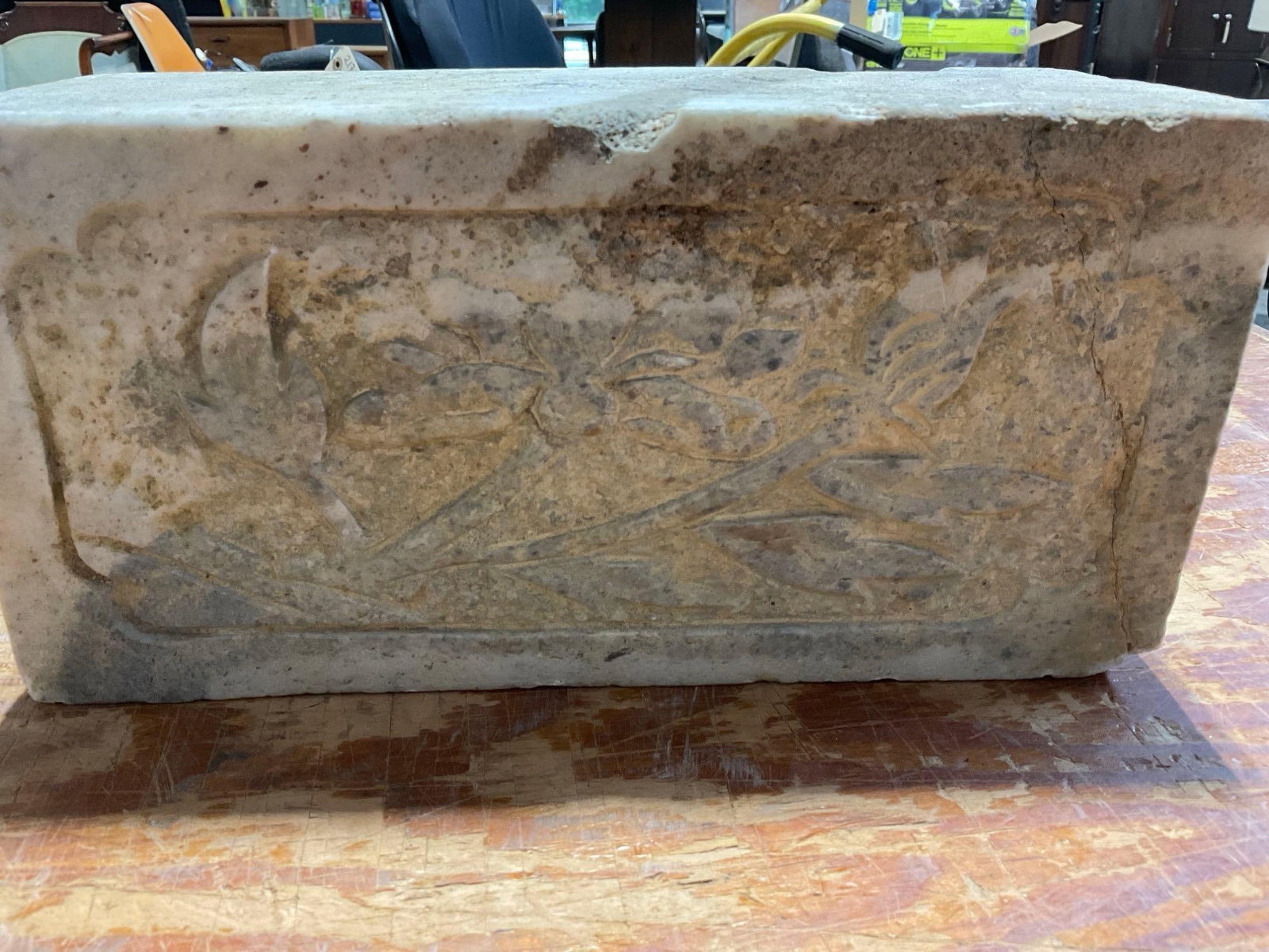 Carved Stone Basin/Planter w/Stand Block, Lotus Designs in Bas Relief, 15h x 20w x 13d inches - 5
