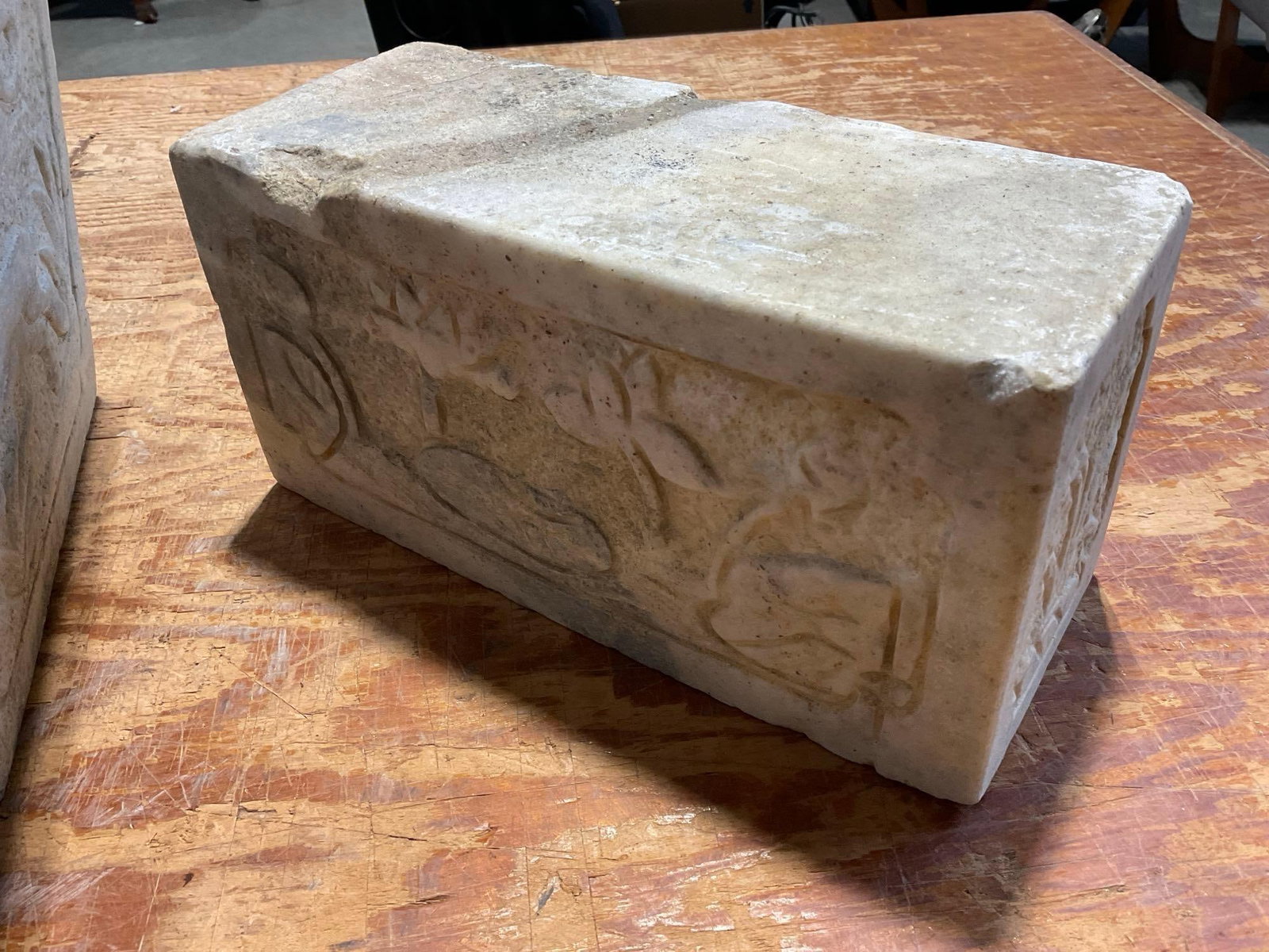 Carved Stone Basin/Planter w/Stand Block, Lotus Designs in Bas Relief, 15h x 20w x 13d inches - 6