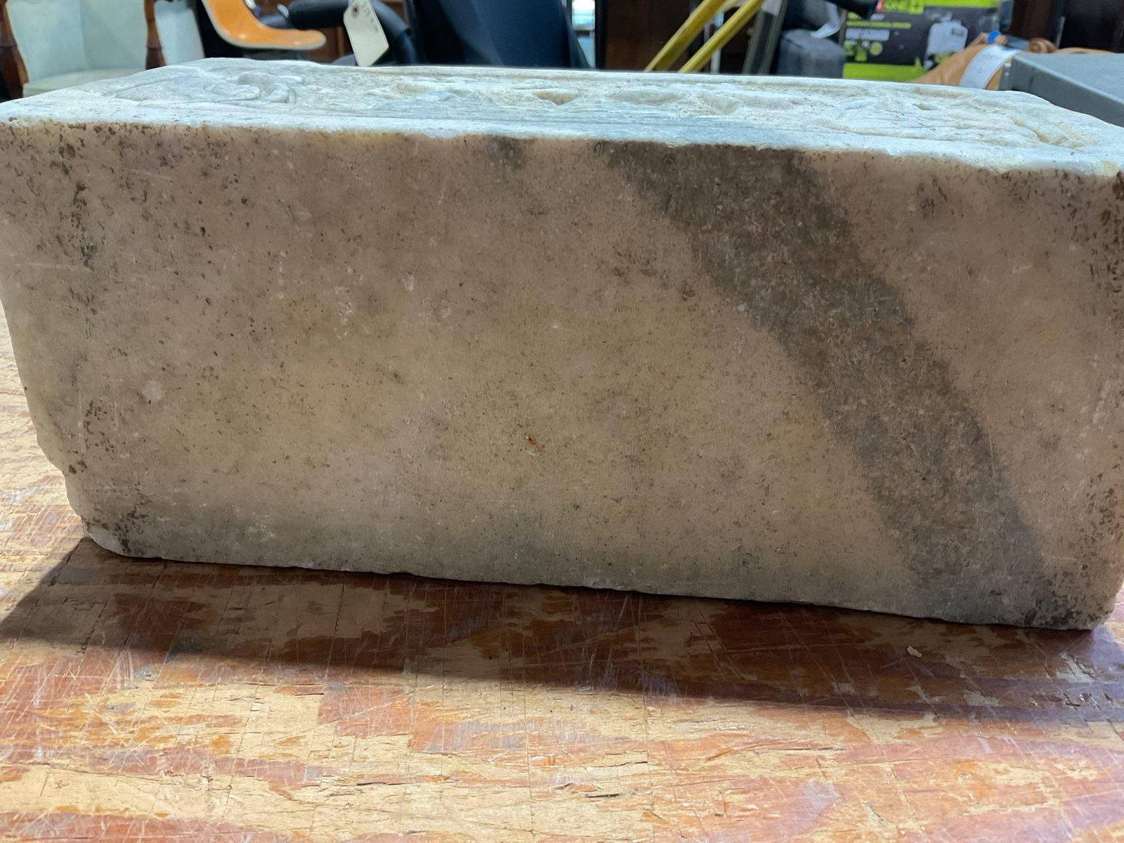 Carved Stone Basin/Planter w/Stand Block, Lotus Designs in Bas Relief, 15h x 20w x 13d inches - 7