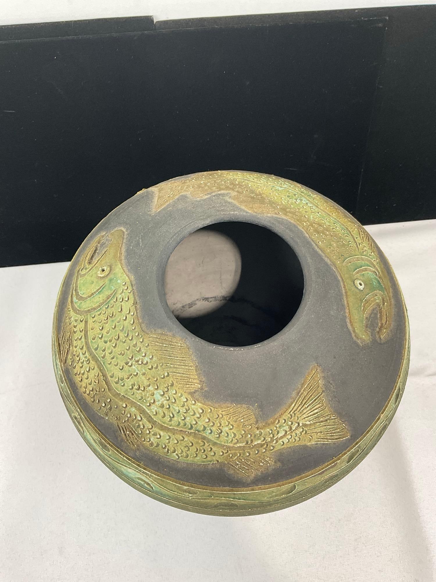 Raku Fired Pottery Vase, w/Chinook Salmon Detail, marked Lisil McKay 1999, 9x9x9 inches - 2