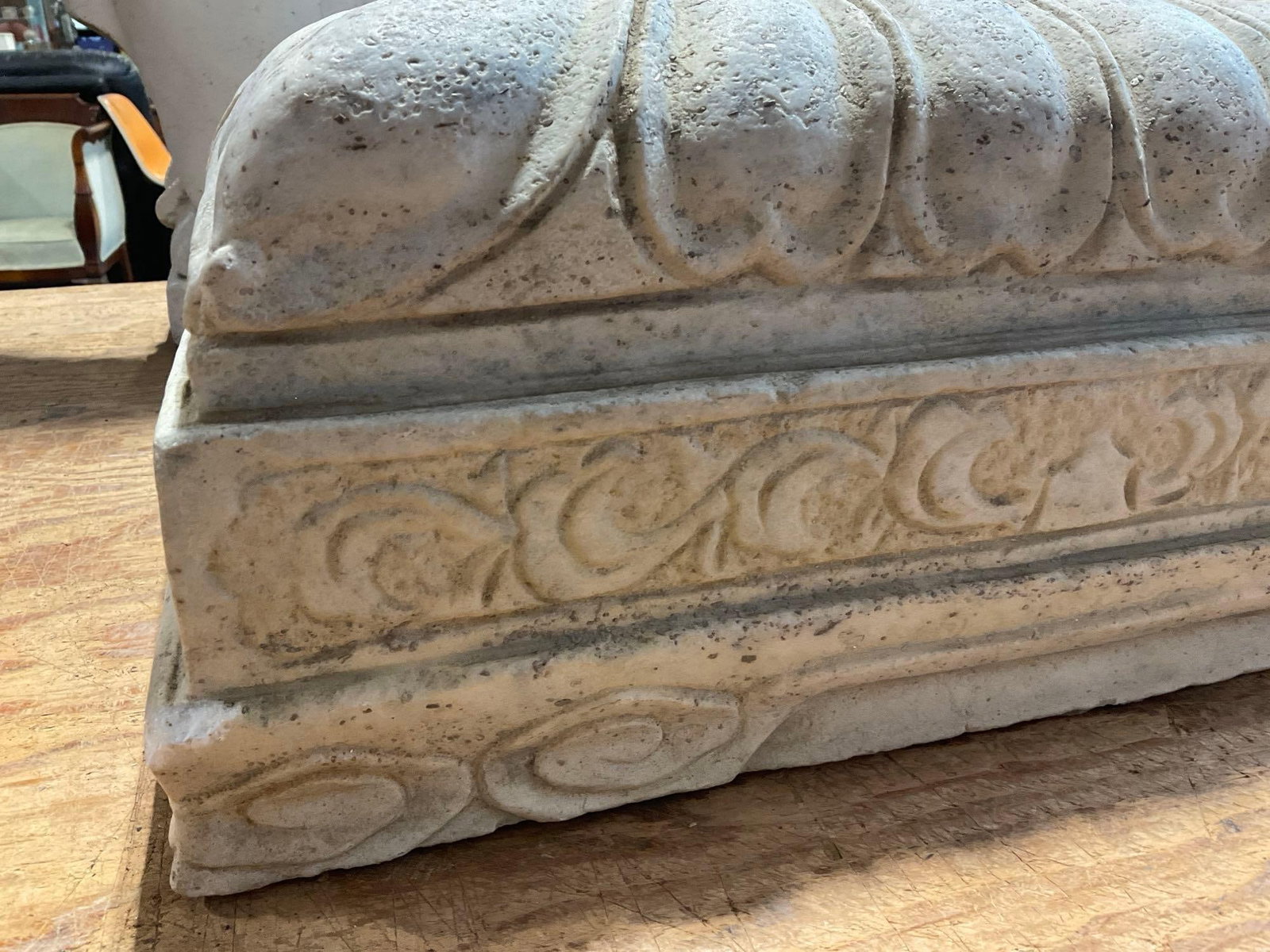 Carved Stone Architectural Pillar Base, Rectangular, 9x20x12 inches, Ruffled Edge w/Spirals - 2