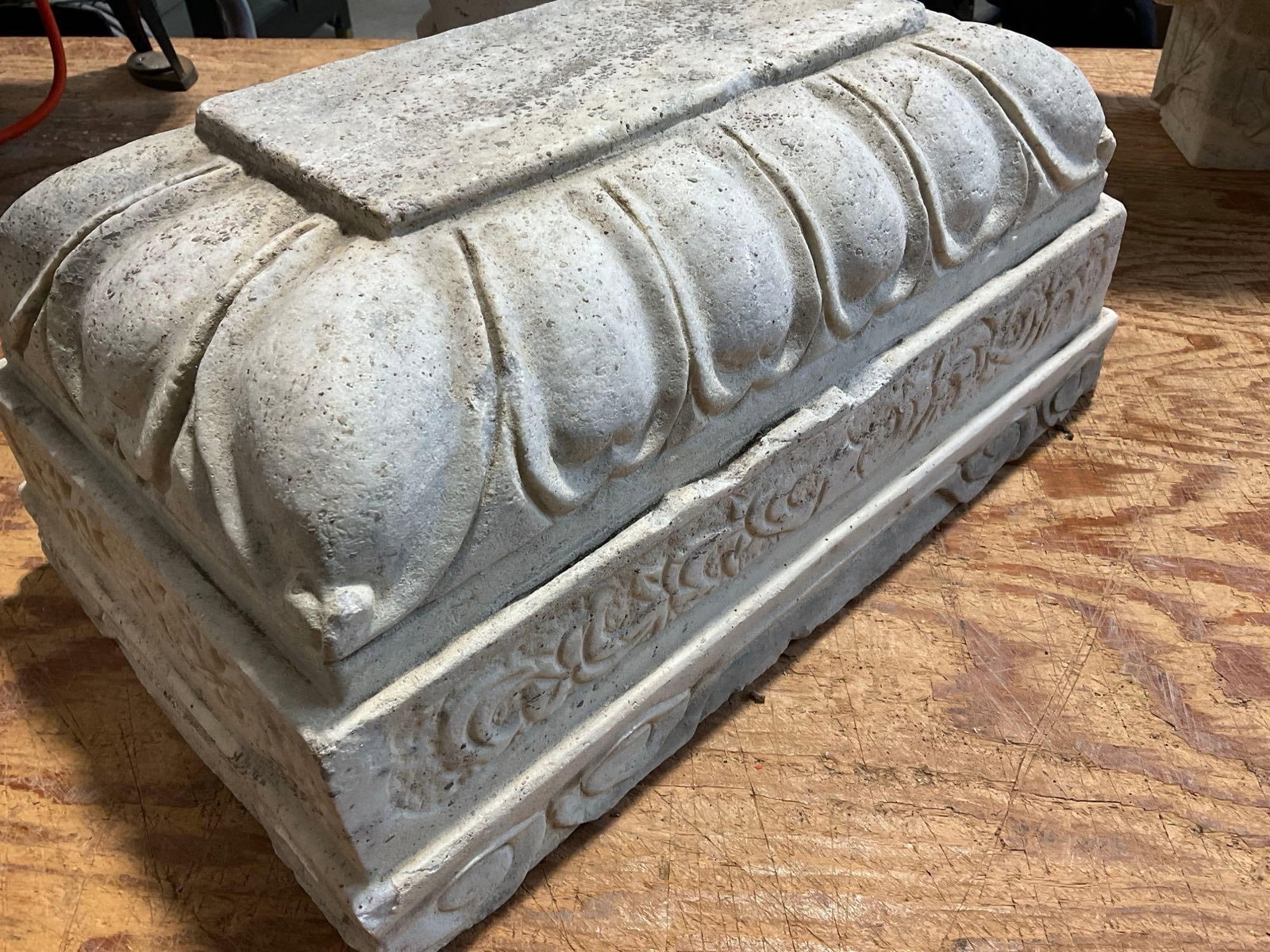 Carved Stone Architectural Pillar Base, Rectangular, 9x20x12 inches, Ruffled Edge w/Spirals - 4