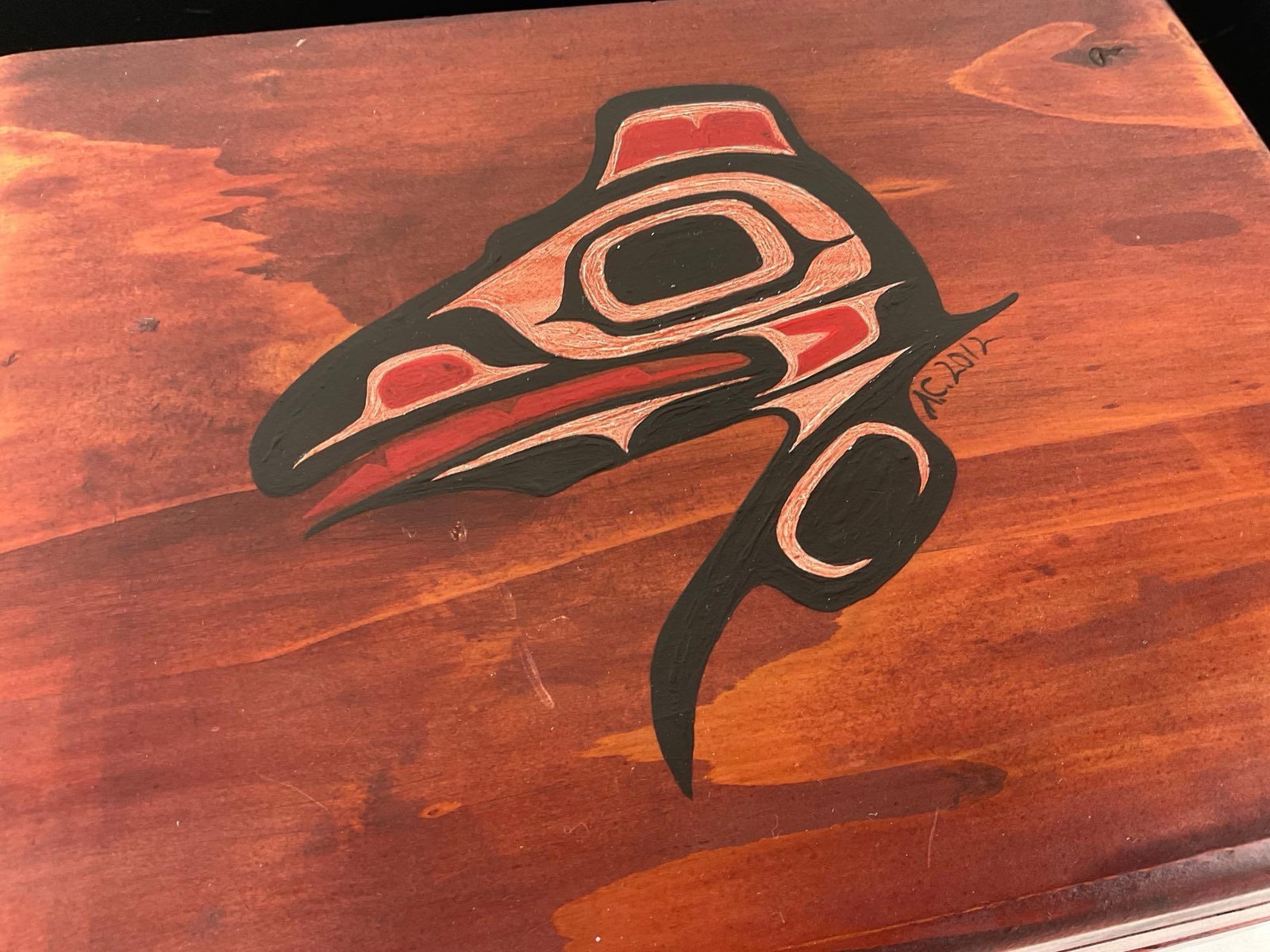 Hand painted Wooden Cedar Vanity Box w/Native American animal motif signed AC 8x13x10 inches - 2