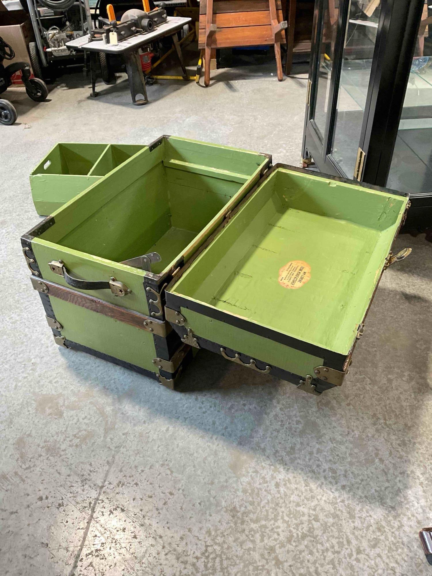 Antique WM Lorenz Apple Green Painted Wood & Metal Steamer Trunk Chest. See pics. - 7