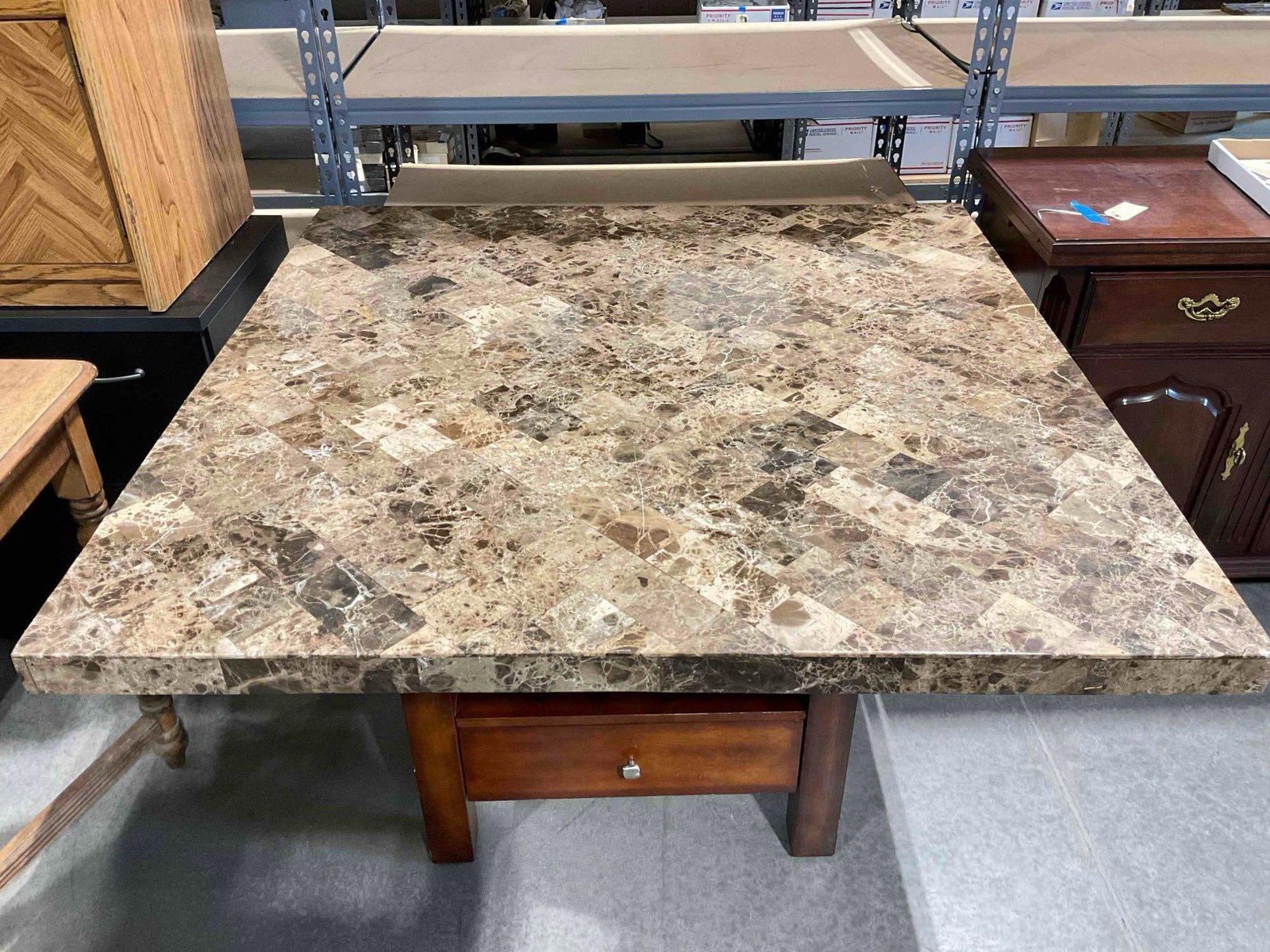 Large Modern Brown Marble Tile & Composite Top Dining Table w/ Wooden Base. See pics.: Large Modern Brown Marble Tile & Composite Top Dining Table w/ Wooden Base. Includes screws, not installed. Minor wear indicative of age and use, top has a scratch, see photos for condition. Measu