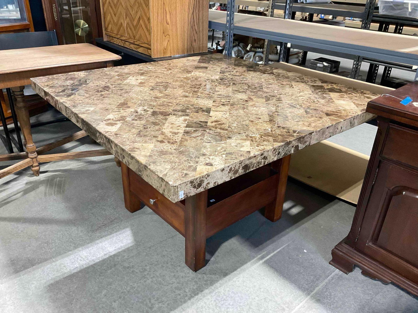 Large Modern Brown Marble Tile & Composite Top Dining Table w/ Wooden Base. See pics. - 2