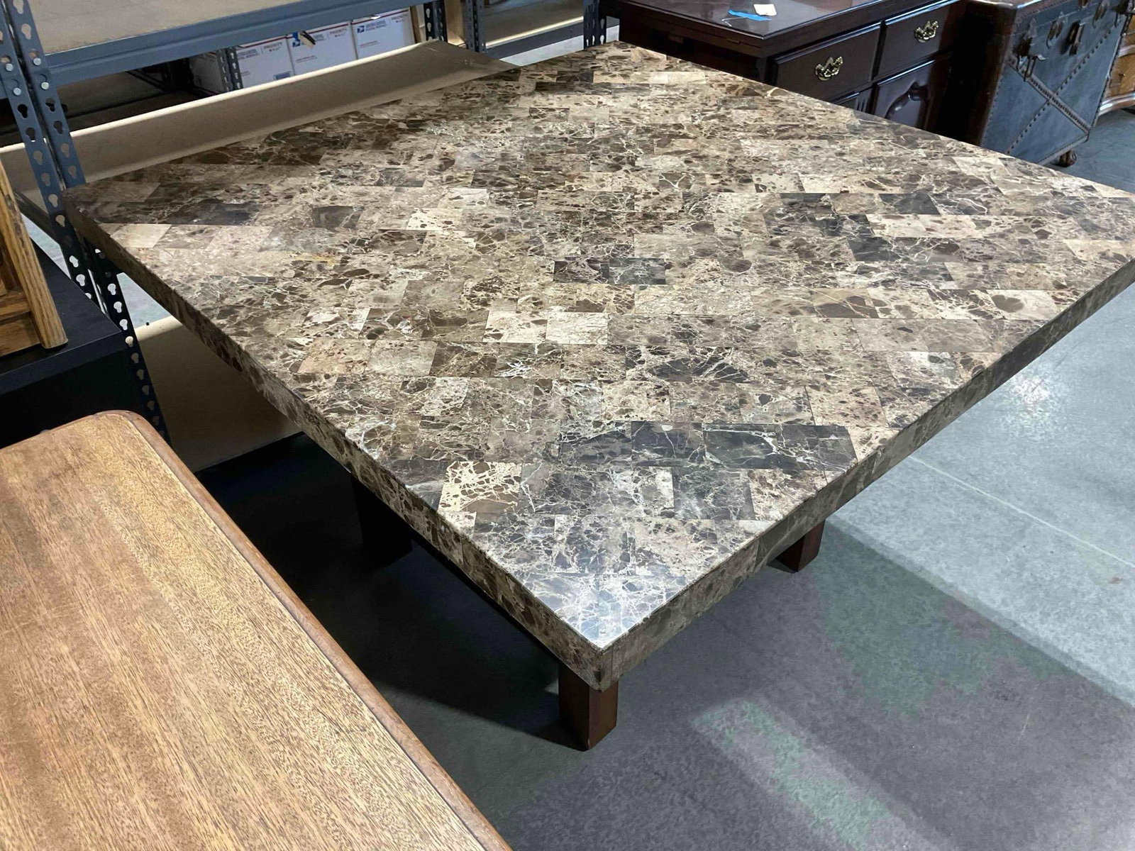 Large Modern Brown Marble Tile & Composite Top Dining Table w/ Wooden Base. See pics. - 3