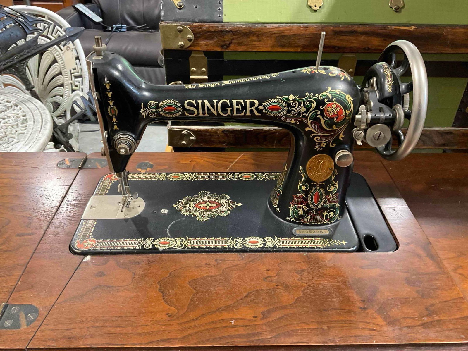Antique Singer Sewing Machine Model 66 "Red Eye" AA052951 in Treadle Cabinet. See pics. - 2