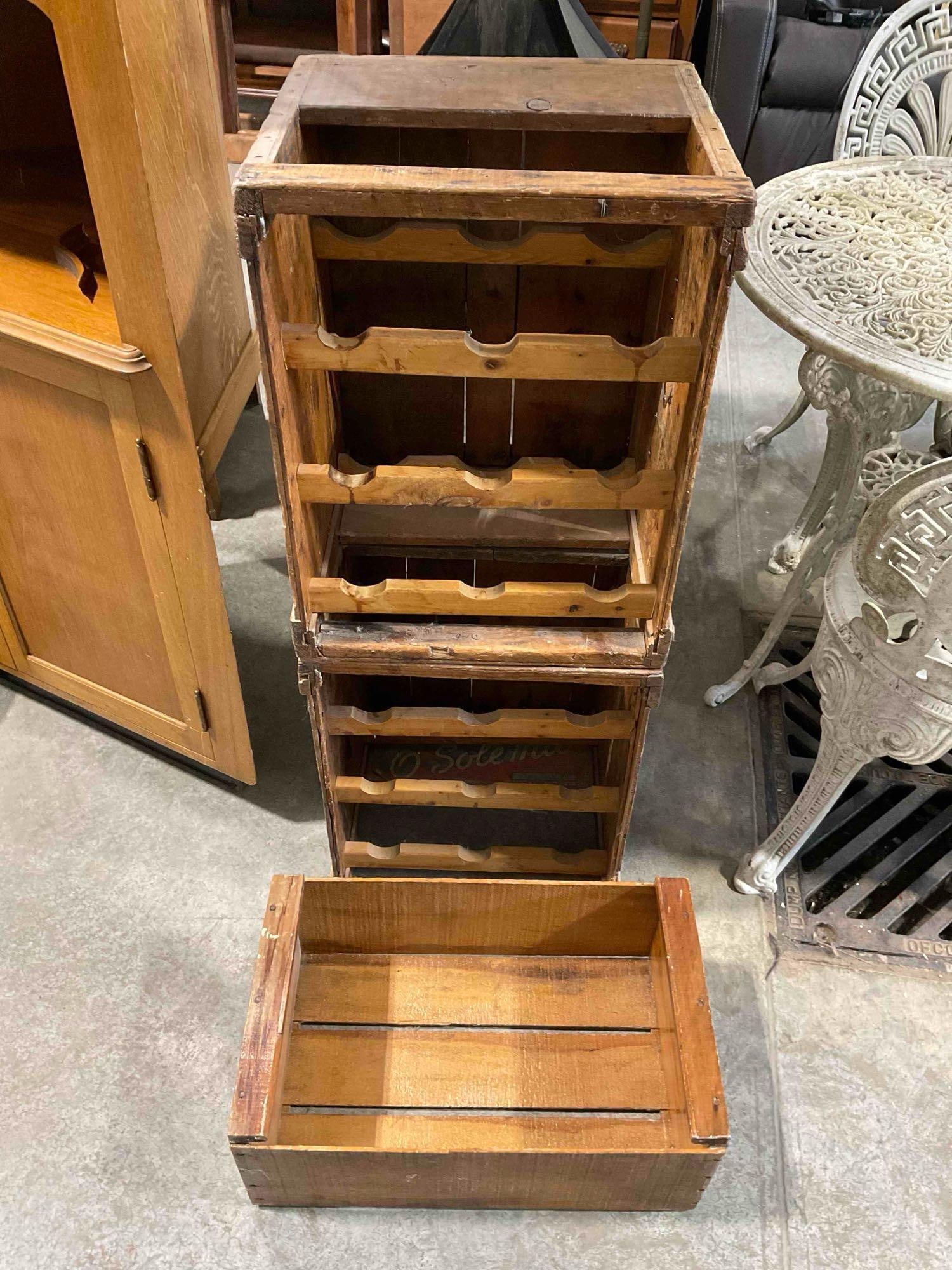 Wooden Wine Rack Constructed of Repurposed Antique/Vintage Crates & Wooden Box. See pics.: Wooden Wine Rack Constructed of Repurposed Antique/Vintage Crates & Wooden Box. fun little project wine racks are not joined, have wear indicative of age and use, see photos for condition.