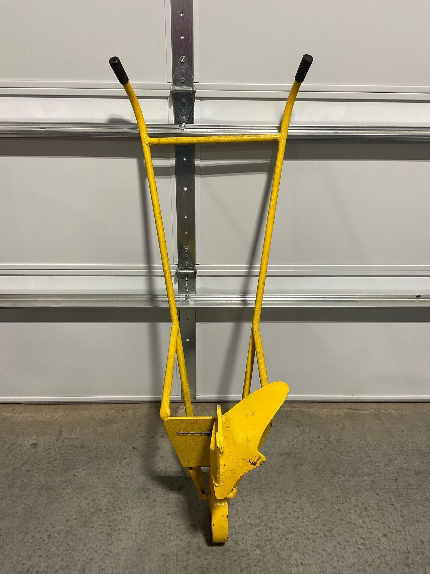 Vintage Push Plow w/metal wheel, Solid Metal, Painted Yellow w/rubber handles - 4