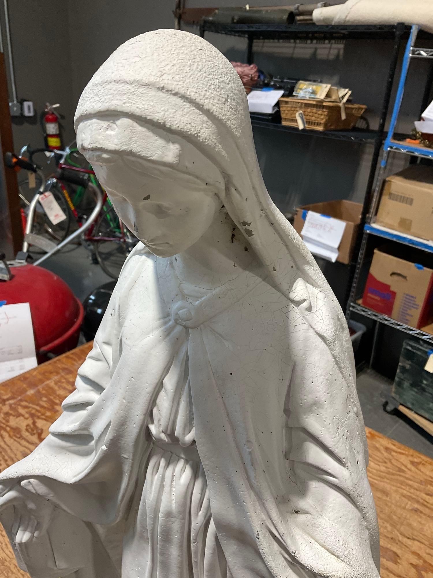 Mother Mary Concrete Statue, White Finish, Outdoor Garden Statue, missing finish, 33 inches tall - 2