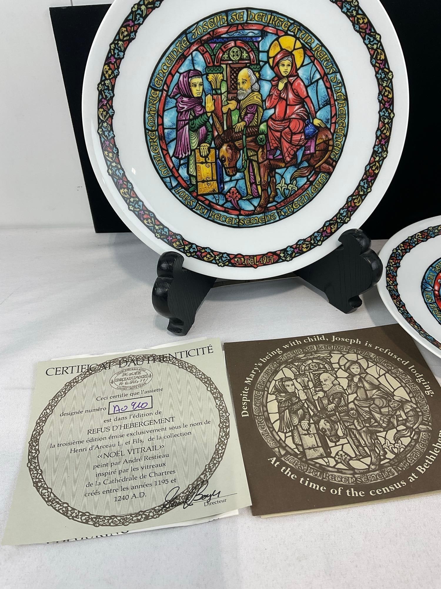 Set of 3 Noel Vitrail Plate Collection by DArceau Limoges 8.5 inch wide, 2 COAs w/boxes - 2